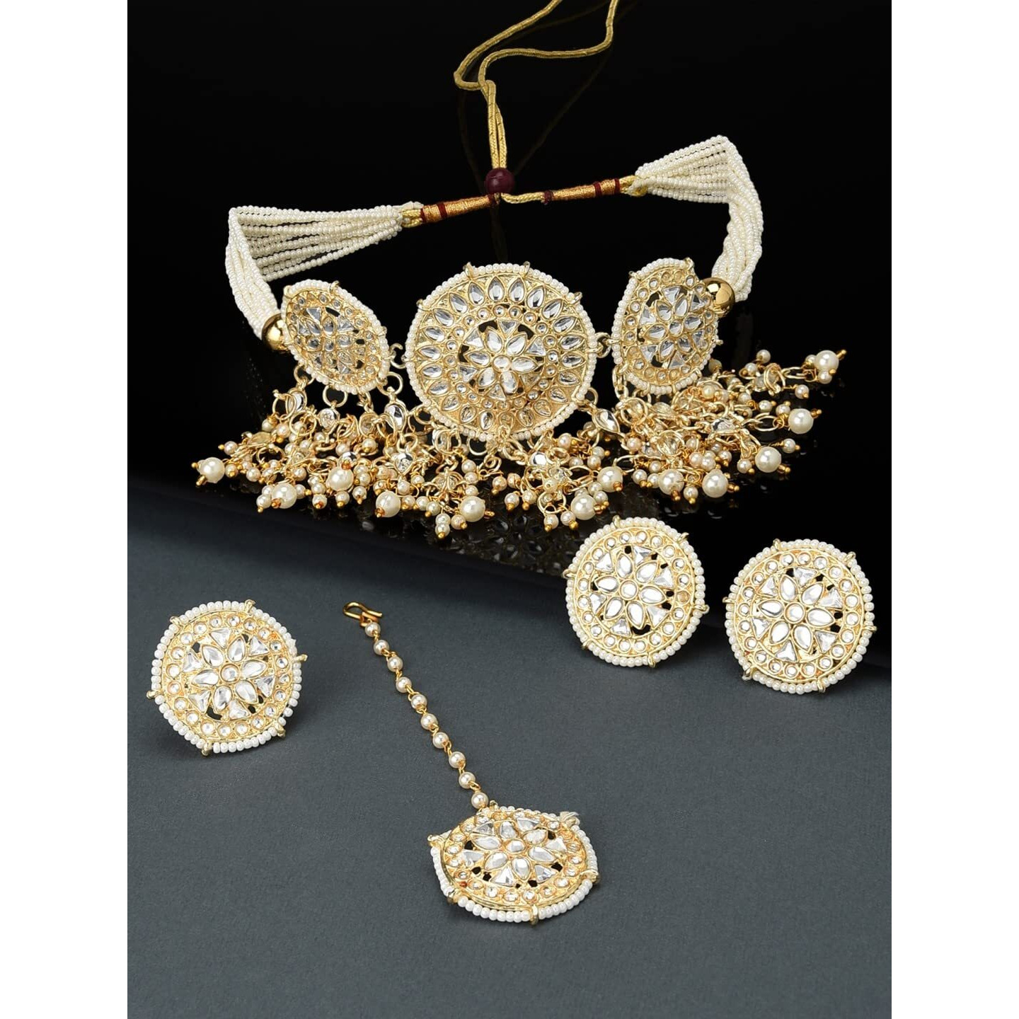ZAVERI PEARLS Gold Tone Traditional Kundan Choker Necklace Earring Maangtikka & Ring Set For Women-ZPFK11238