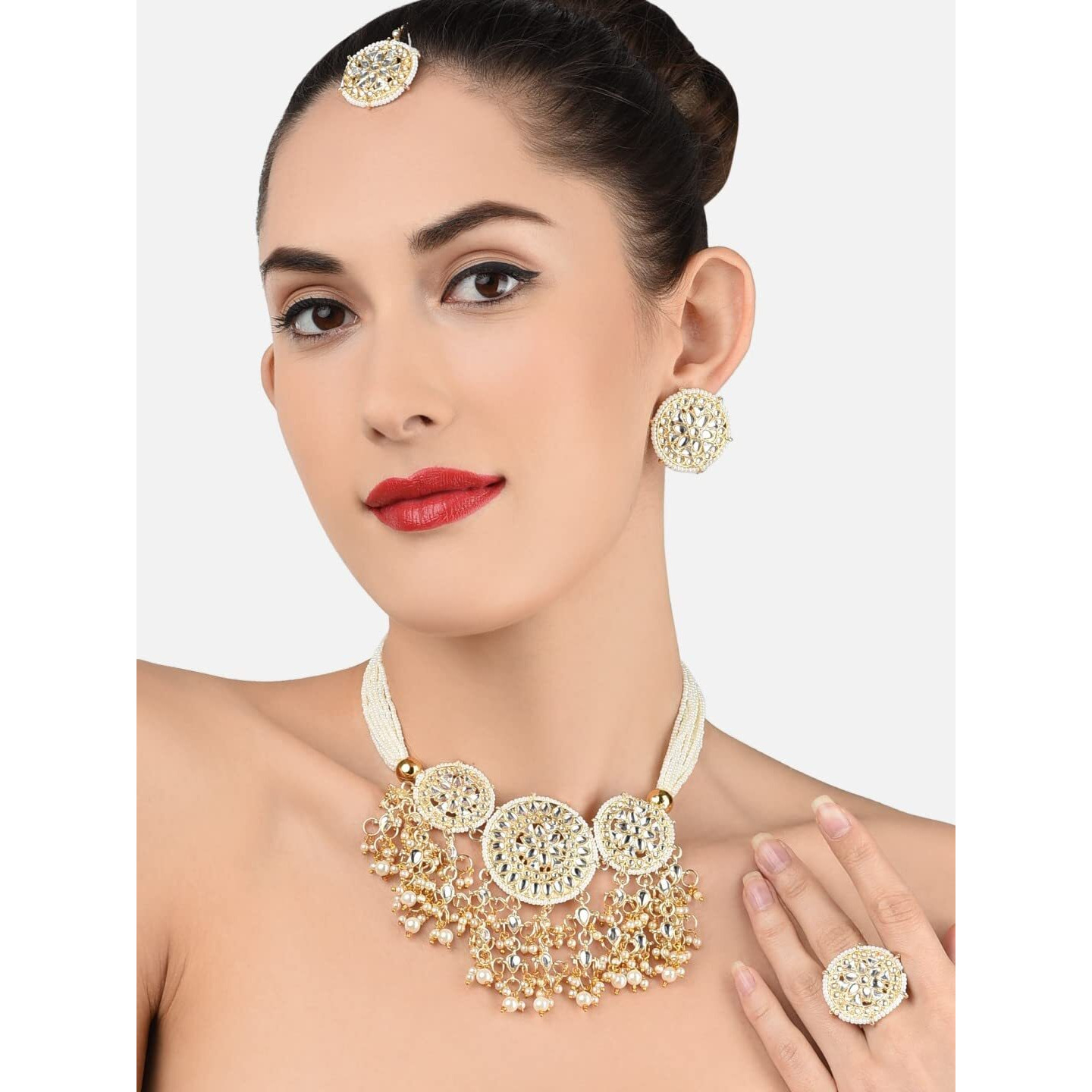 ZAVERI PEARLS Gold Tone Traditional Kundan Choker Necklace Earring Maangtikka & Ring Set For Women-ZPFK11238