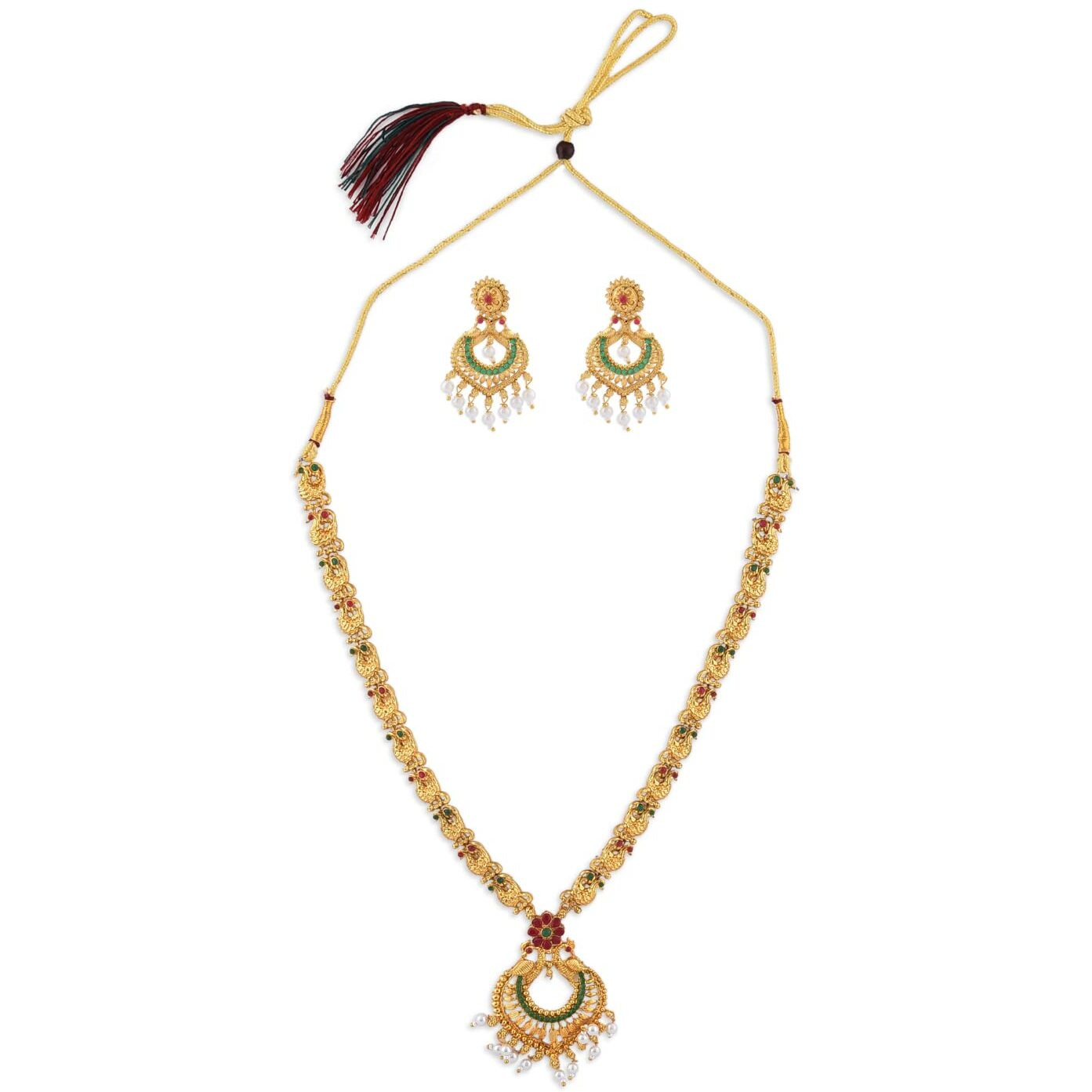 ZAVERI PEARLS Pink & Green Stones Peacock Inspired Ethnic Necklace & Earring Set For Women-ZPFK9553