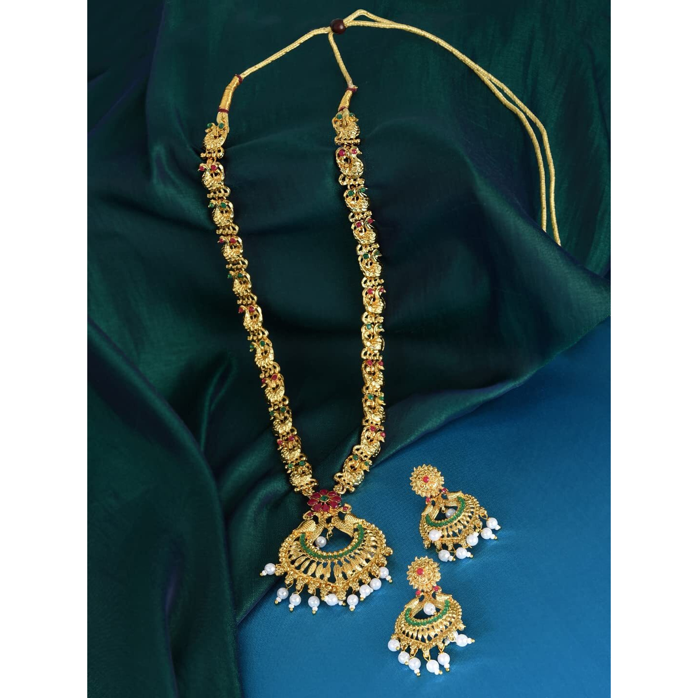 ZAVERI PEARLS Pink & Green Stones Peacock Inspired Ethnic Necklace & Earring Set For Women-ZPFK9553