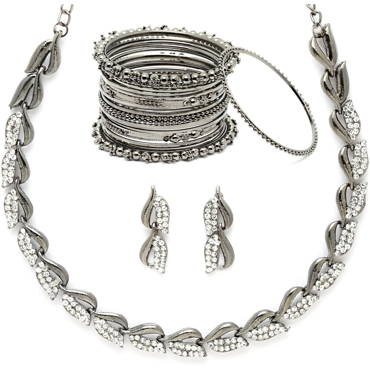 ZENEME Silver Plated Oxidised American Diamond Studded Necklace With Earring and Bangle Jewellery Set For Women and Girl (Black, 2.6) (Style_02, 2.8 Inches)