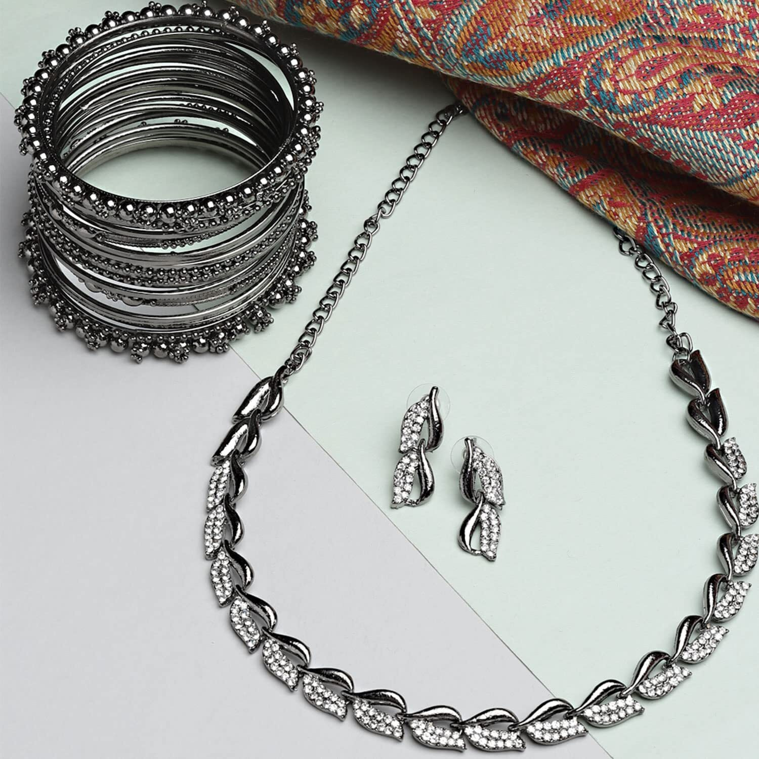 ZENEME Silver Plated Oxidised American Diamond Studded Necklace With Earring and Bangle Jewellery Set For Women and Girl (Black, 2.6) (Style_02, 2.8 Inches)