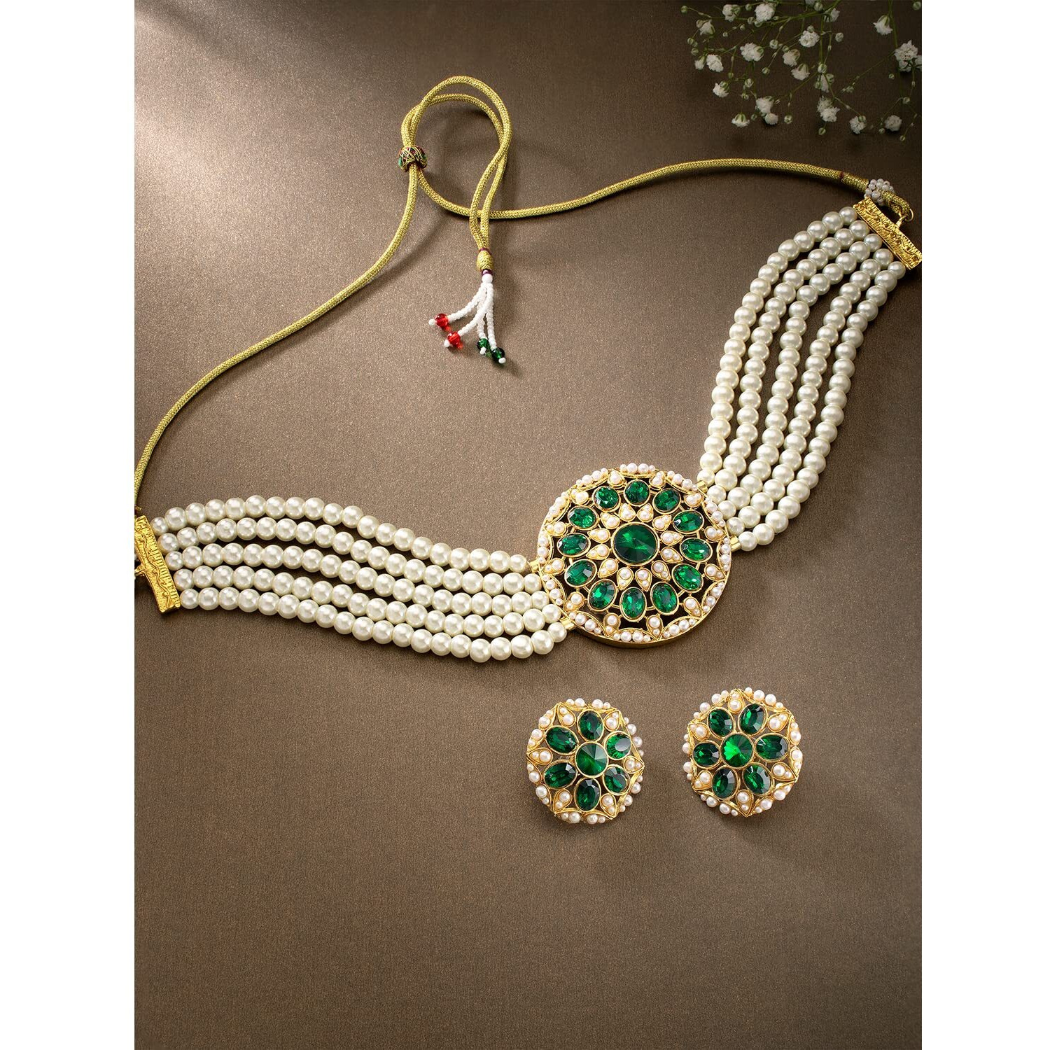 Peora Gold Plated Green Crystal White Pearl Adjustable Choker Necklace Beaded Jewellery Set for Women