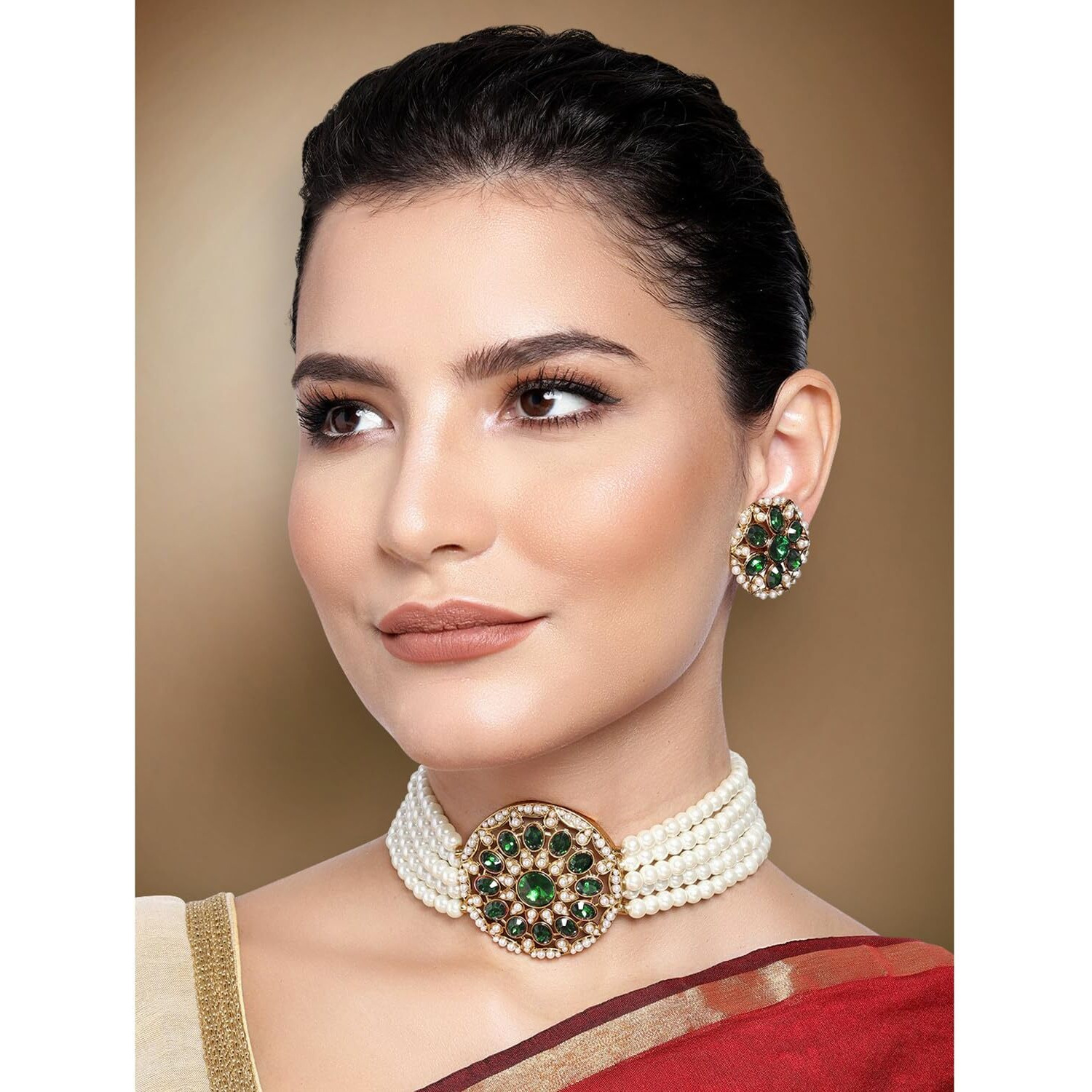 Peora Gold Plated Green Crystal White Pearl Adjustable Choker Necklace Beaded Jewellery Set for Women