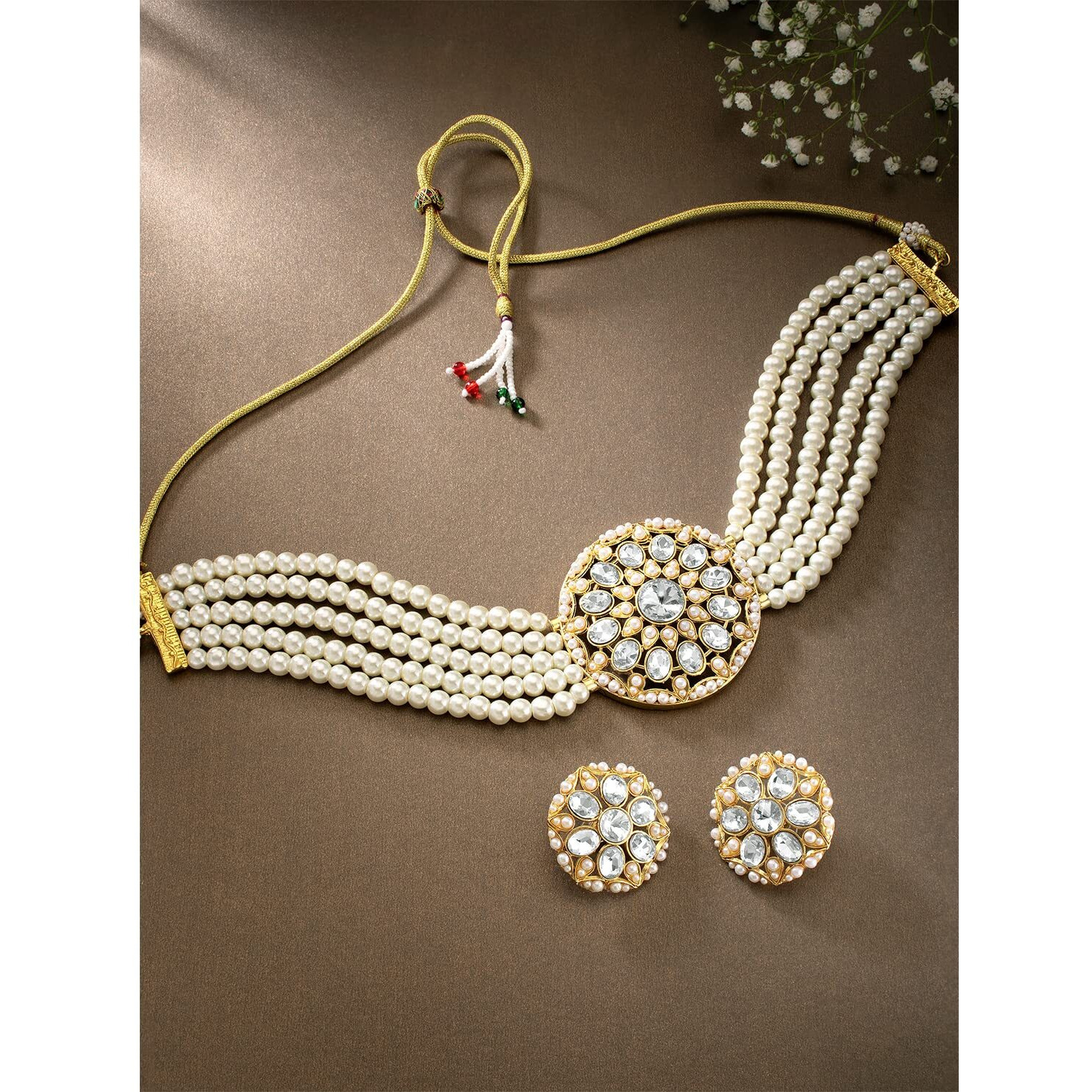 Peora Gold Plated Kundan White Pearl Adjustable Choker Necklace Beaded Jewellery Set for Women