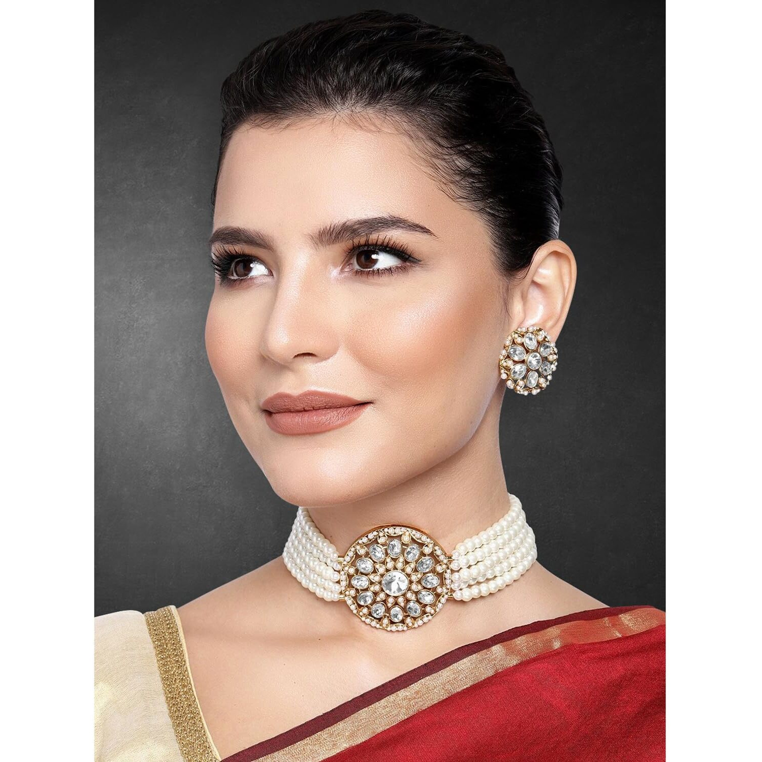 Peora Gold Plated Kundan White Pearl Adjustable Choker Necklace Beaded Jewellery Set for Women