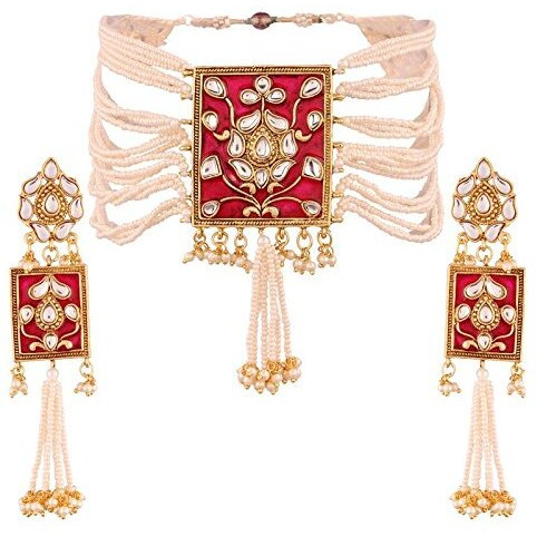I Jewels 18K Gold Plated Traditional Padmavati Pearl & Kundan Meenakari Necklace Jewellery With Earrings For Women (ML118Q)