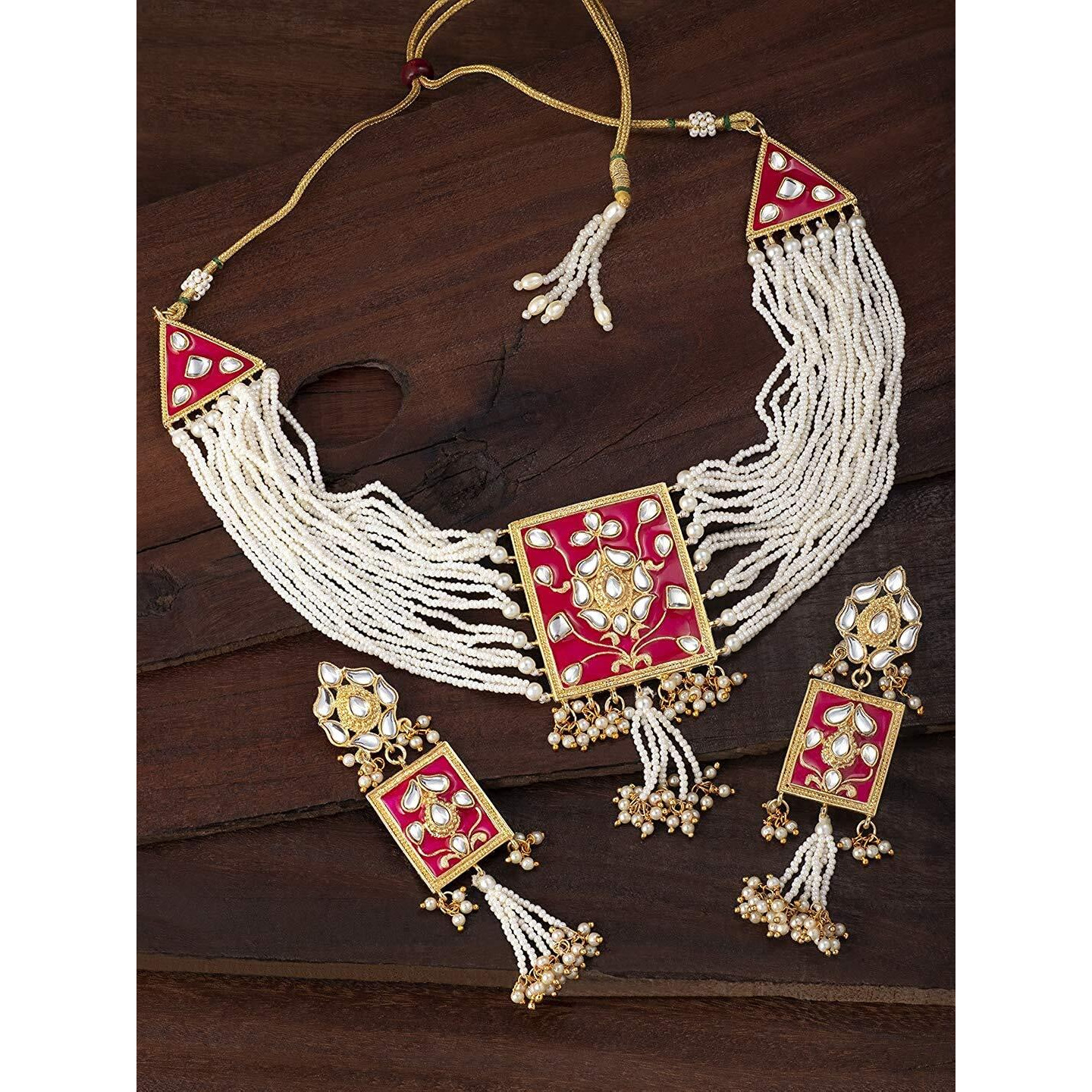 I Jewels 18K Gold Plated Traditional Padmavati Pearl & Kundan Meenakari Necklace Jewellery With Earrings For Women (ML118Q)