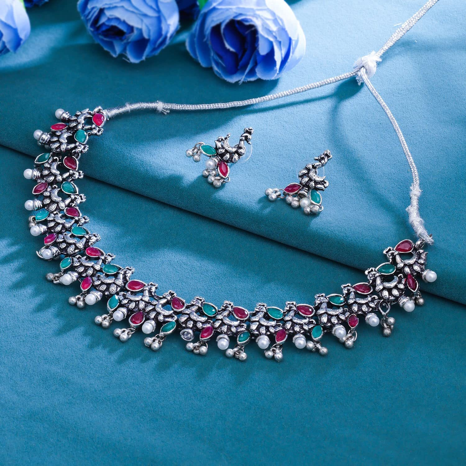 Sukkhi Fancy Oxidised Choker Necklace Set for Women (NS104264) Pink & Green