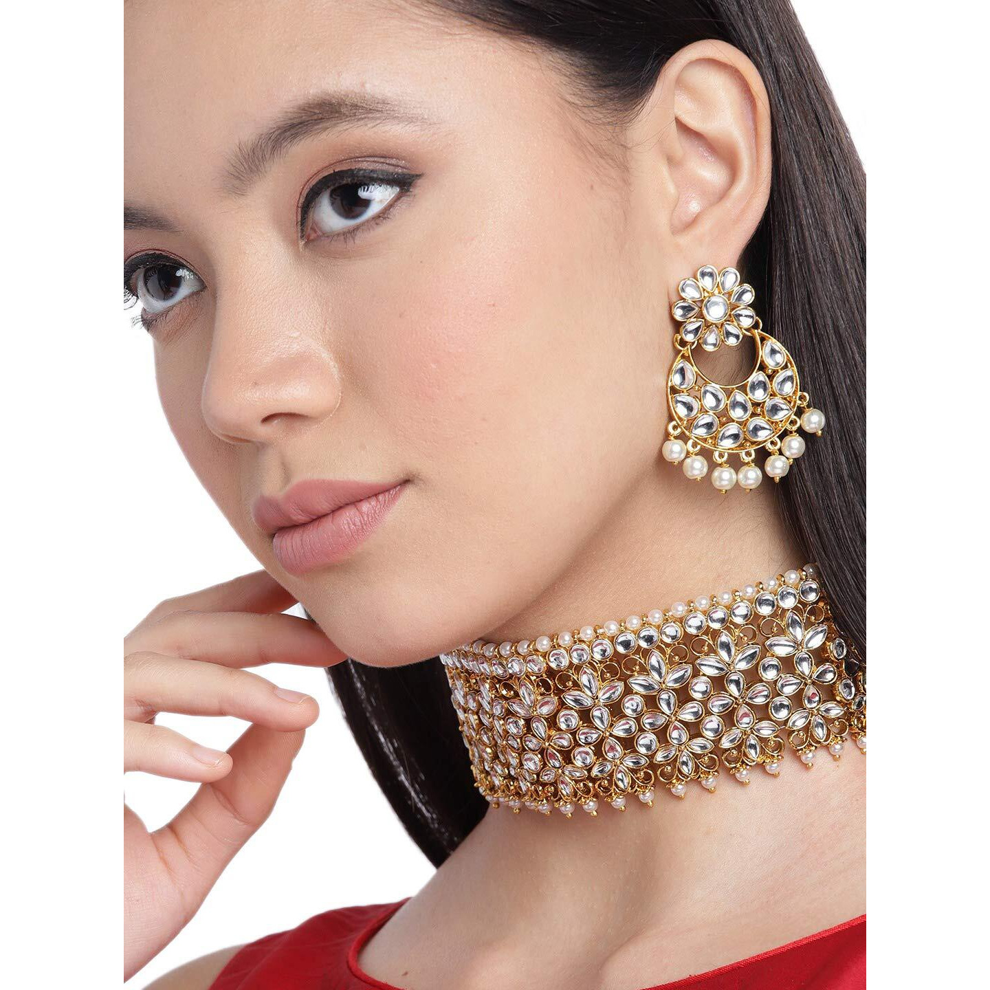 ZAVERI PEARLS Gold Tone Kundan & Pearls Choker Necklace & Earring Set For Women-ZPFK9656