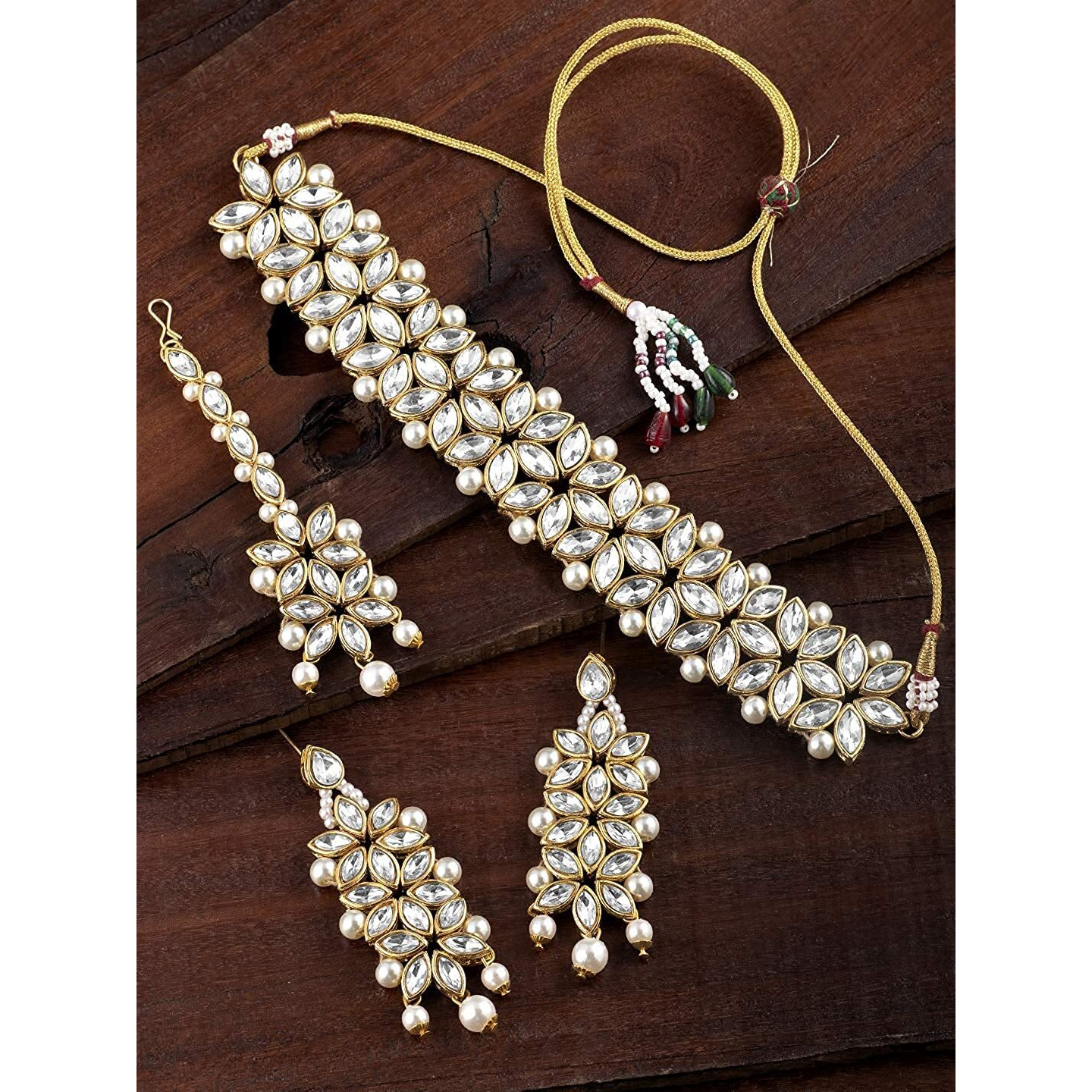 I Jewels Traditional Gold Plated Bridal Choker Necklace Jewellery Set with Earrings & Maang Tikka for Women (IJ165W)