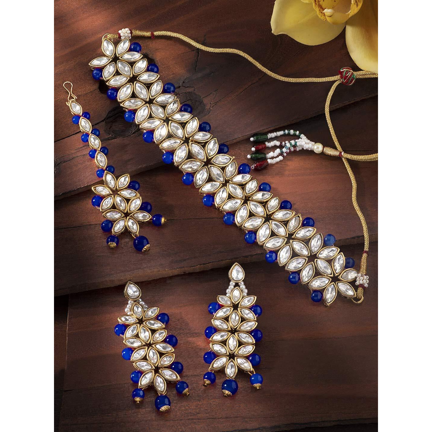 Peora Traditional Gold Plated Kundan Pearl Bridal Choker Necklace Jewellery Set with Earring Maang Tikka for Women Girls