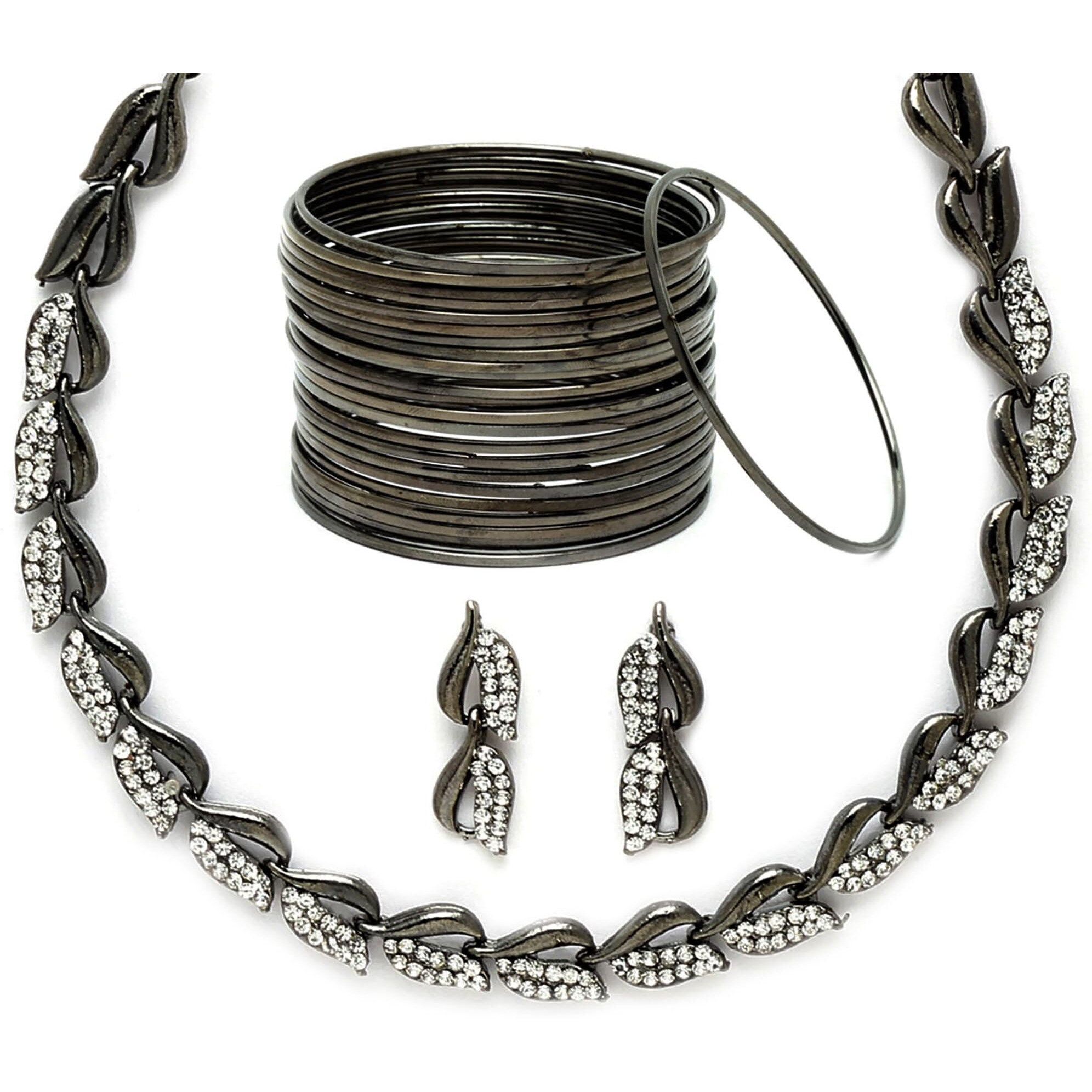 ZENEME Silver Plated Oxidised American Diamond Studded Necklace With Earring and Bangle Jewellery Set For Women and Girl (Black, 2.6) (Style_01, 2.6 Inches)