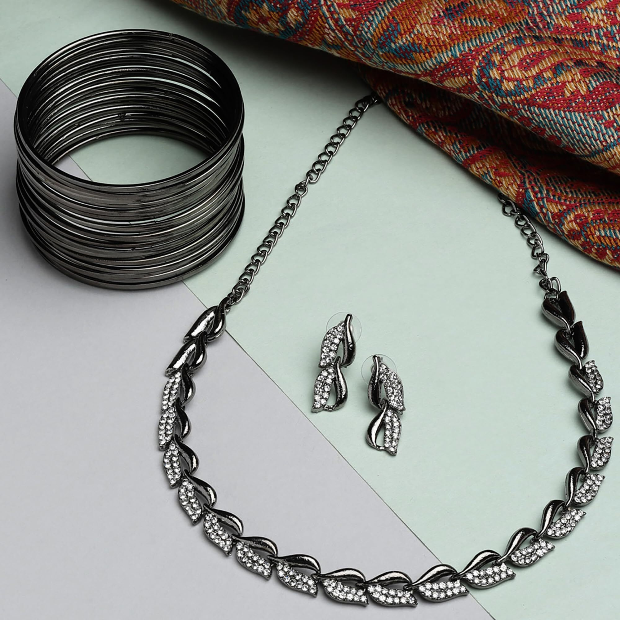 ZENEME Silver Plated Oxidised American Diamond Studded Necklace With Earring and Bangle Jewellery Set For Women and Girl (Black, 2.6) (Style_01, 2.6 Inches)