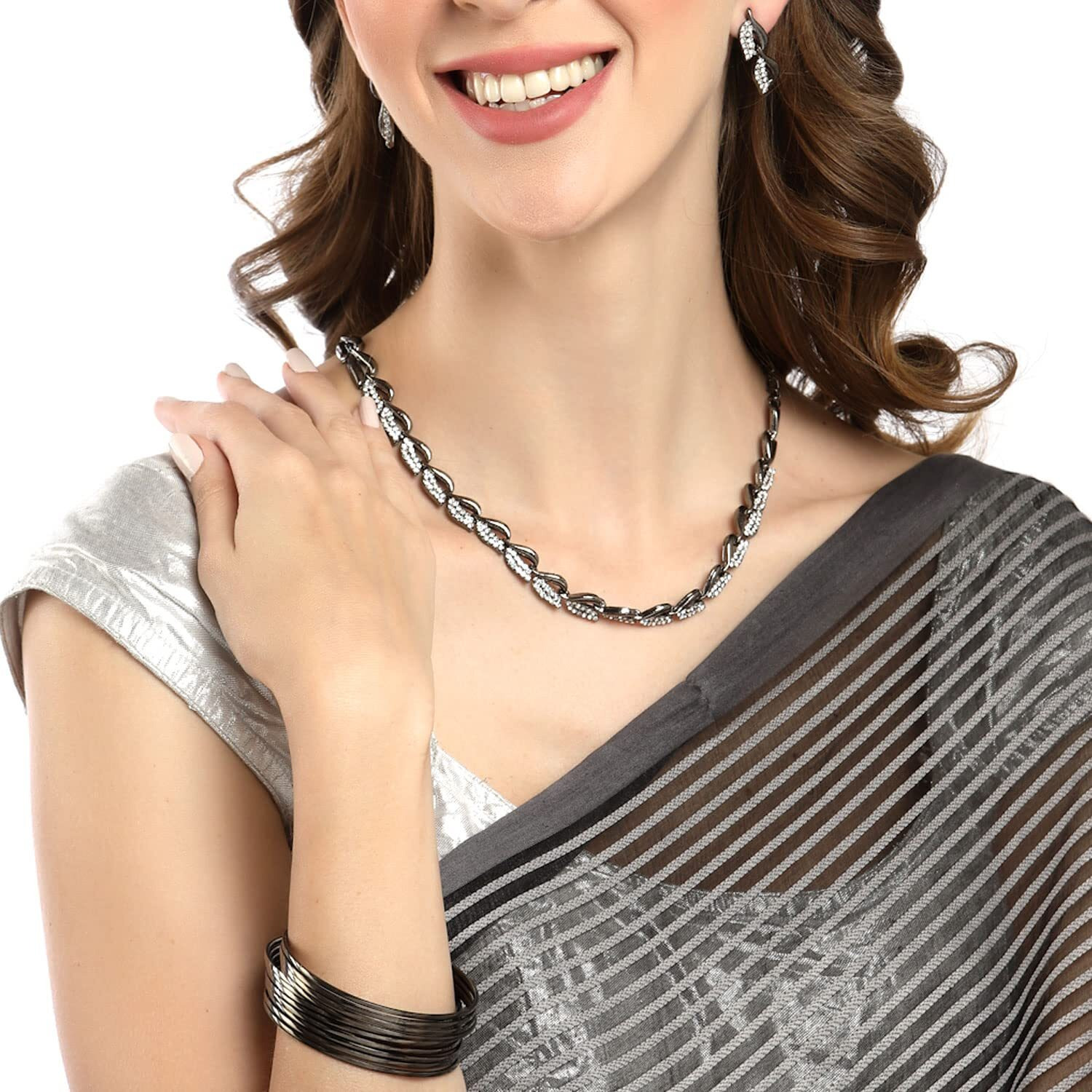 ZENEME Silver Plated Oxidised American Diamond Studded Necklace With Earring and Bangle Jewellery Set For Women and Girl (Black, 2.6) (Style_01, 2.6 Inches)