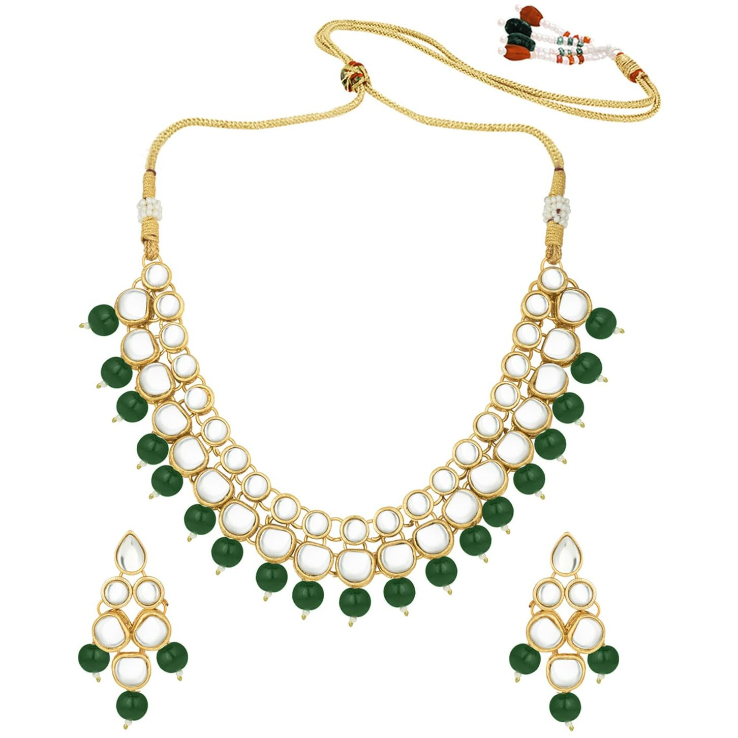 Peora Gold Plated Indian Ethnic Kundan Green Faux Bead Traditional Necklace Jewellery Set with Earrings for Women