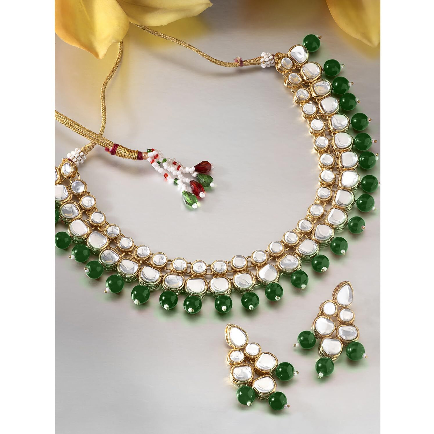 Peora Gold Plated Indian Ethnic Kundan Green Faux Bead Traditional Necklace Jewellery Set with Earrings for Women