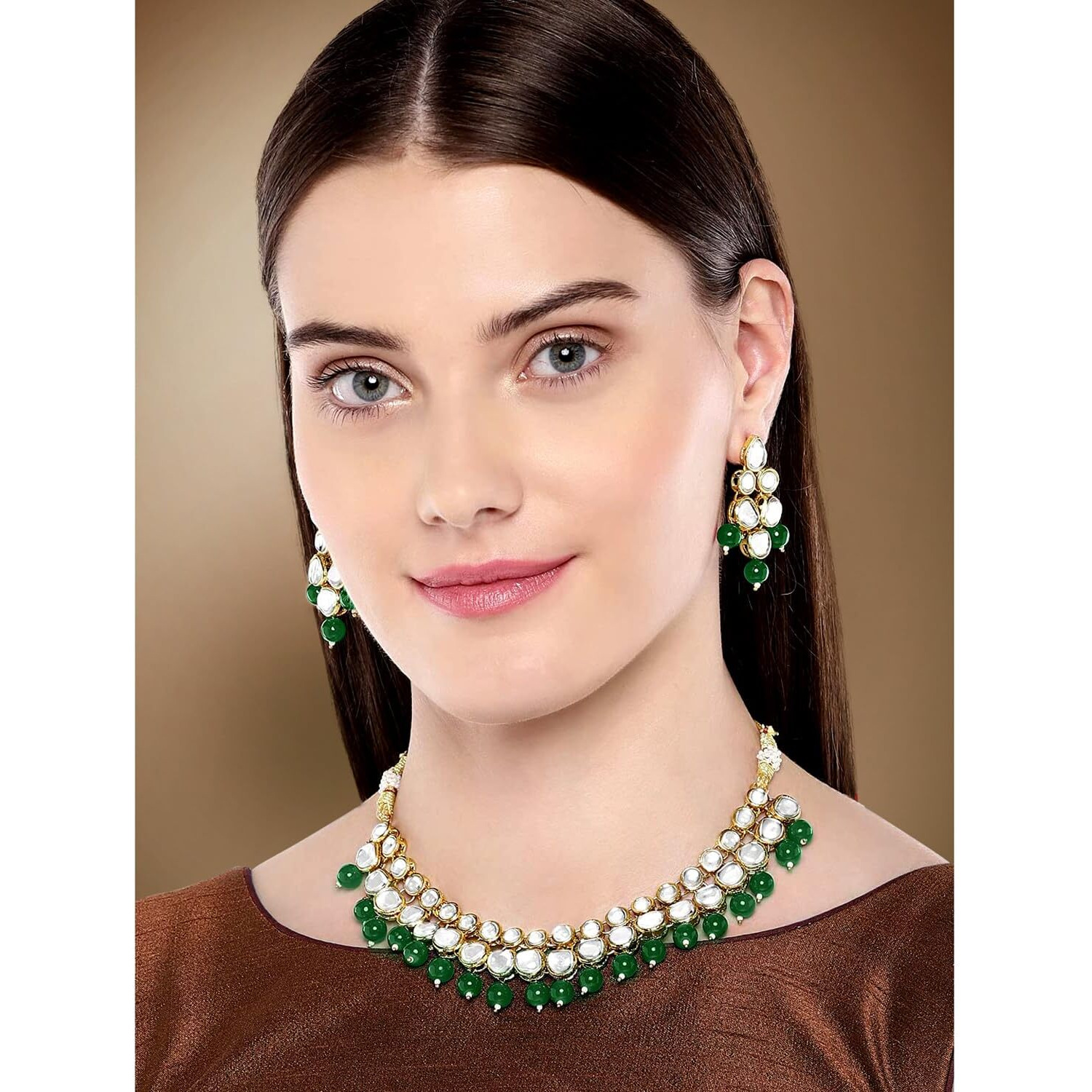 Peora Gold Plated Indian Ethnic Kundan Green Faux Bead Traditional Necklace Jewellery Set with Earrings for Women