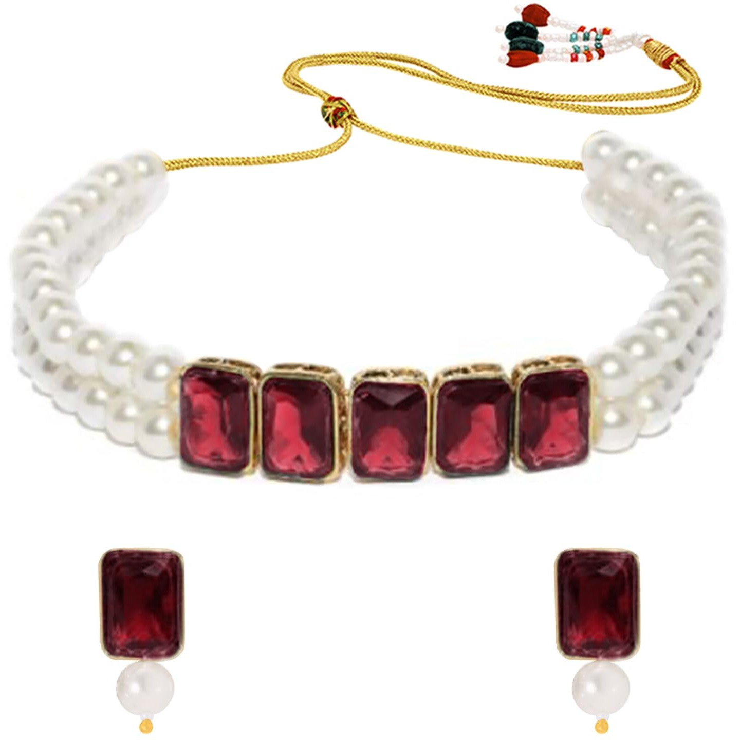 Peora Womens Gold Plated Maroon Crystal Pearl Choker Necklace with Earrings Set