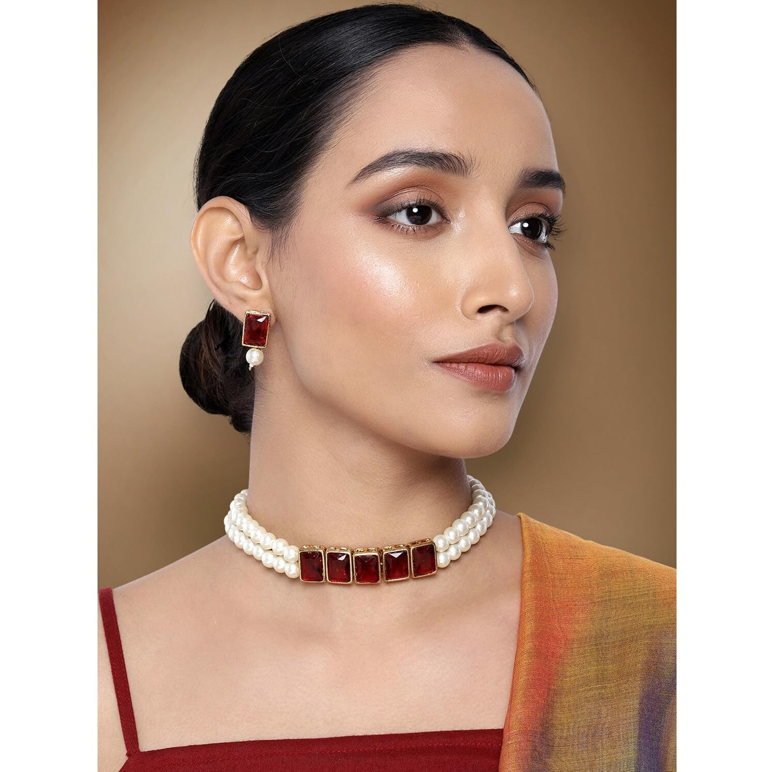 Peora Womens Gold Plated Maroon Crystal Pearl Choker Necklace with Earrings Set