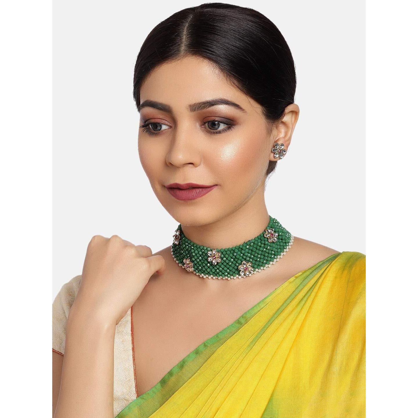 ZAVERI PEARLS Crystal Shine Green Beads & Kundan Flowers Necklace & Earring Set For Women-ZPFK9817