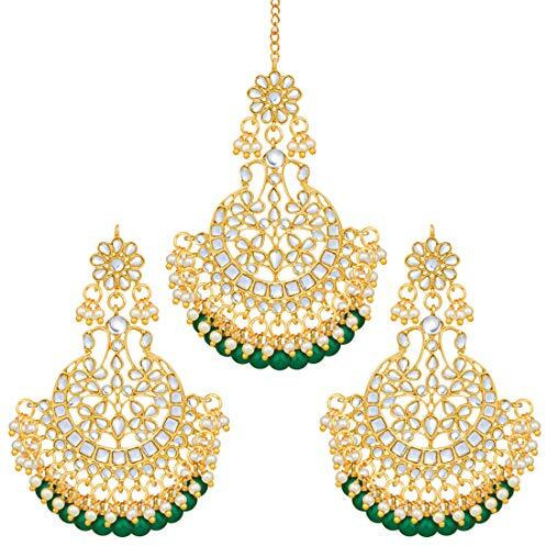 Peora Gold Plated Bridal Kundan Blue Faux Beads Earring Maang Tikka Set Indian Traditional Jewellery for Women Girls