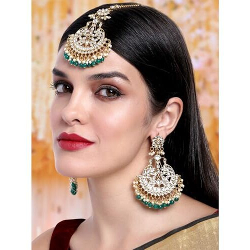 Peora Gold Plated Bridal Kundan Blue Faux Beads Earring Maang Tikka Set Indian Traditional Jewellery for Women Girls