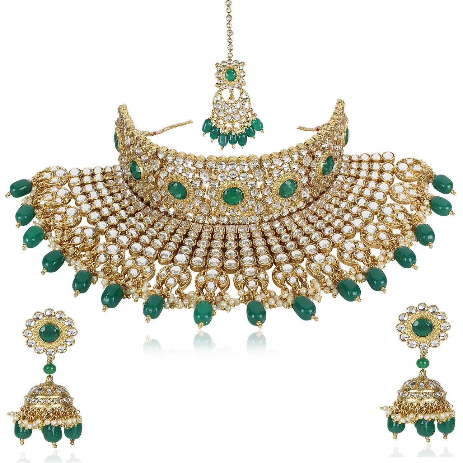 Shining Diva Fashion Latest Kundan Design Bridal Choker Necklace Set for Women Traditional Jewellery Set for Women (Green) (10558s)