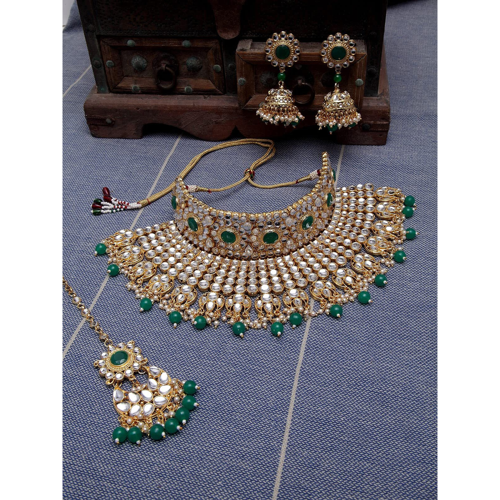 Shining Diva Fashion Latest Kundan Design Bridal Choker Necklace Set for Women Traditional Jewellery Set for Women (Green) (10558s)