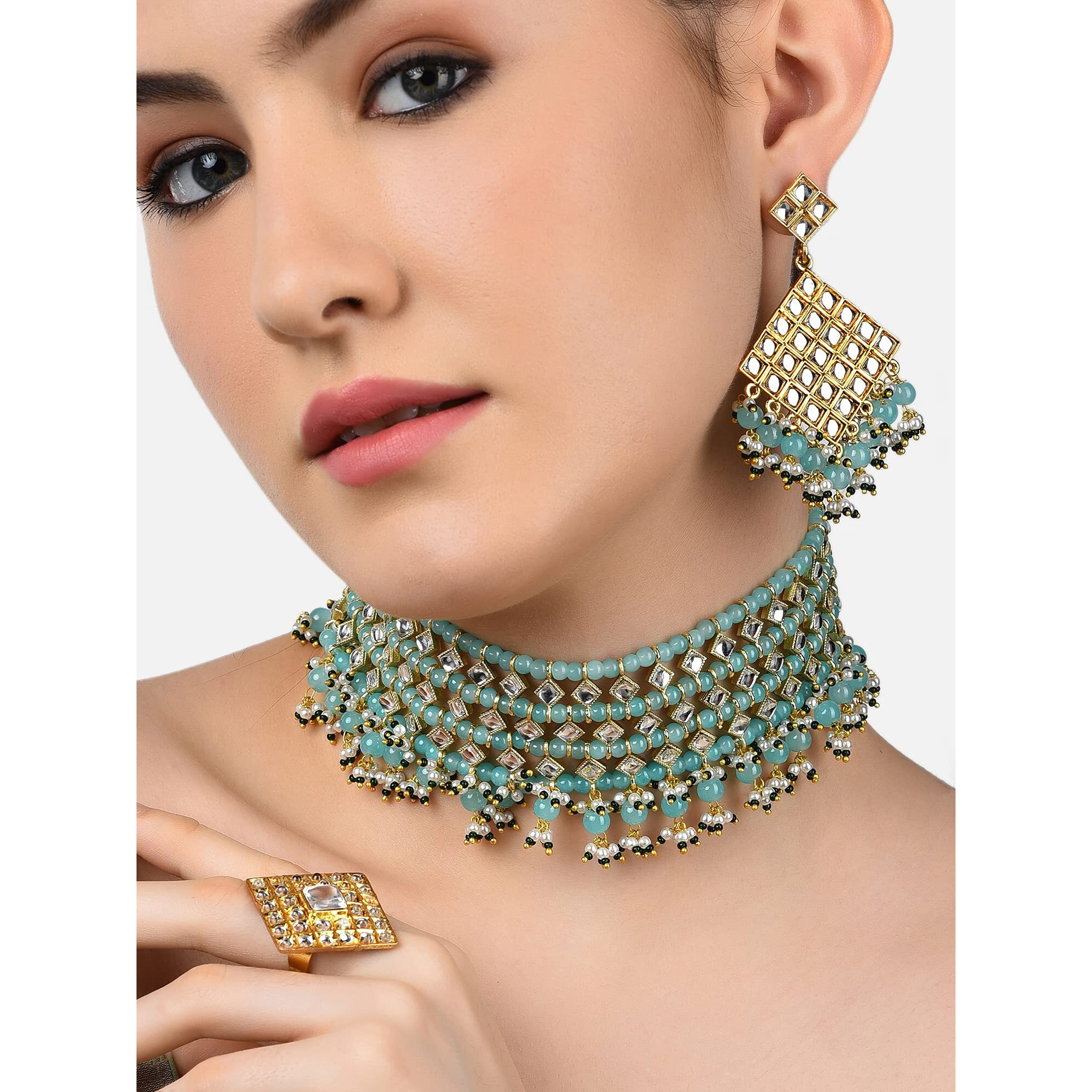 ZAVERI PEARLS Green Beads Traditional Kundan Choker Necklace Earring & Ring Set For Women-ZPFK11064