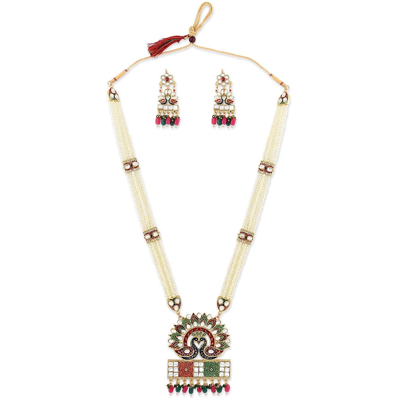 ZAVERI PEARLS Multicolor Peacock Inspired Meenakari Multistrand Long Pearls Necklace & Earring Set For Women-ZPFK10025