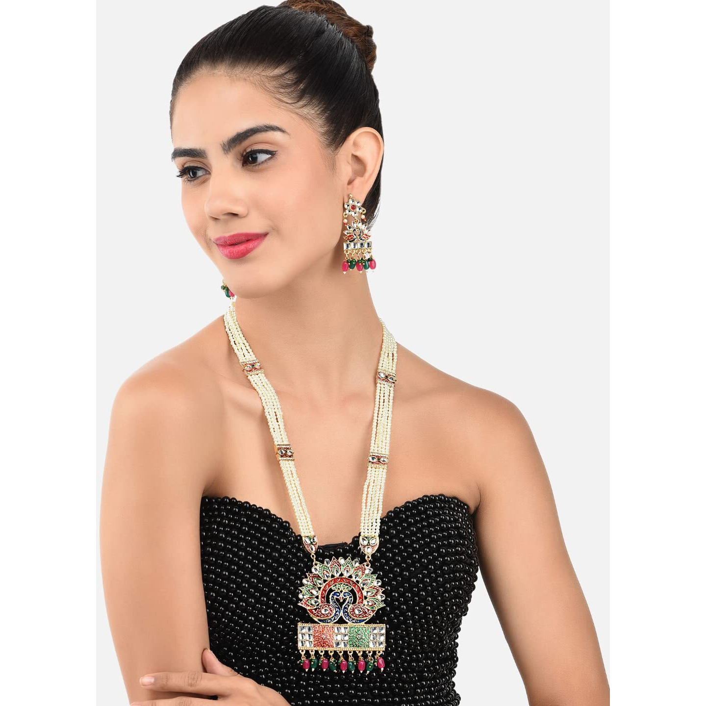 ZAVERI PEARLS Multicolor Peacock Inspired Meenakari Multistrand Long Pearls Necklace & Earring Set For Women-ZPFK10025