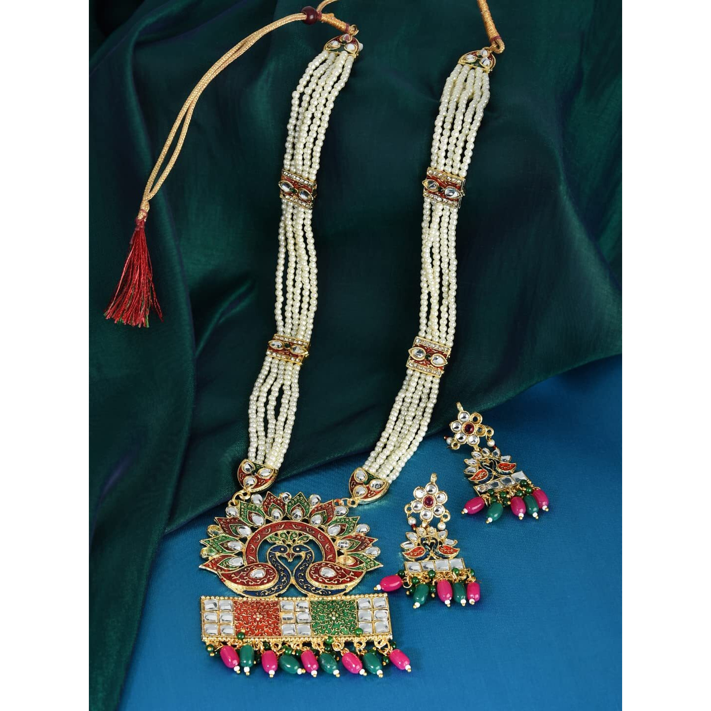 ZAVERI PEARLS Multicolor Peacock Inspired Meenakari Multistrand Long Pearls Necklace & Earring Set For Women-ZPFK10025