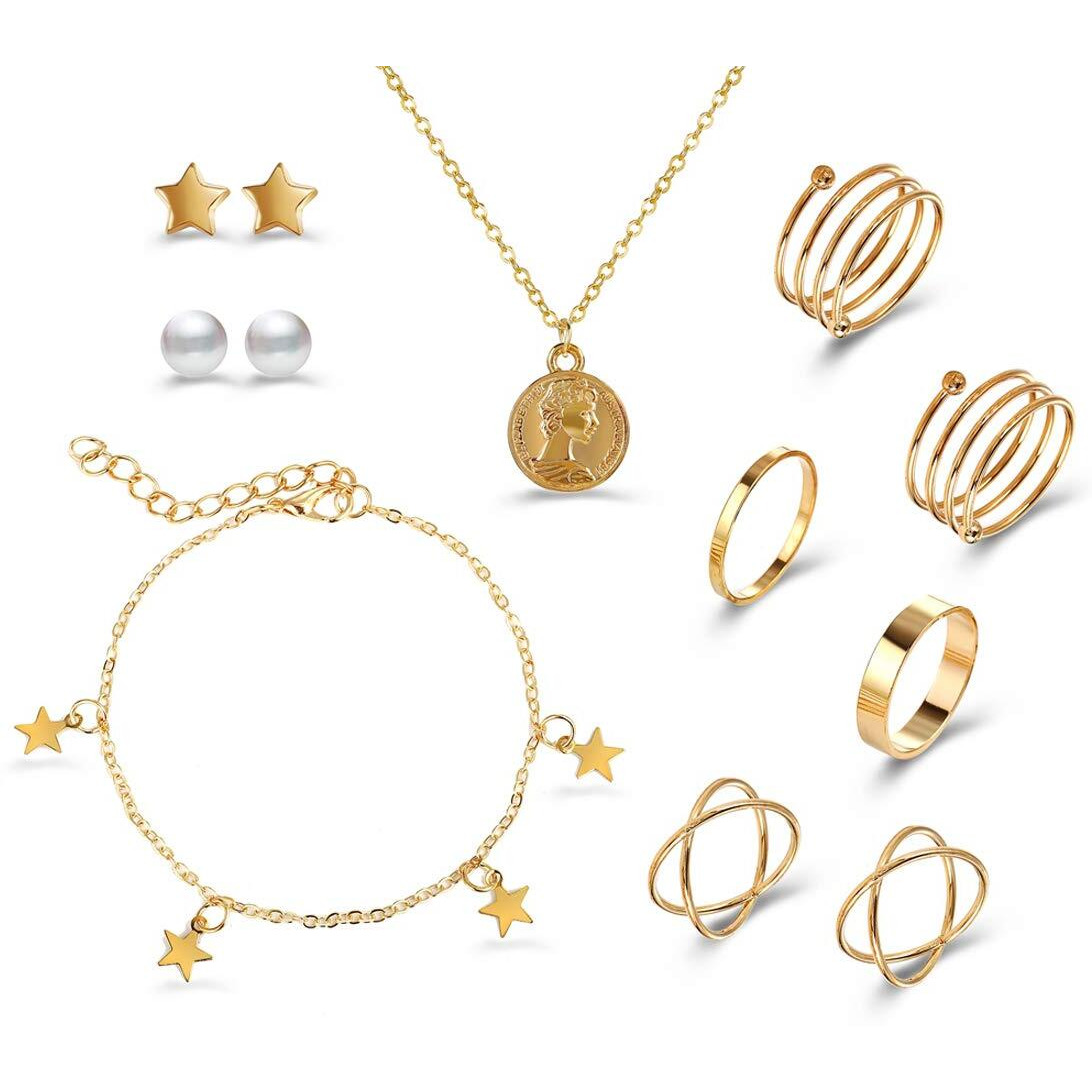 Jewels Galaxy Stylish Pearl Gold Plated Earrings With Necklace and Beatiful Rings with Bracelet For Women/Girls (CT-CB-MIXX-49532)