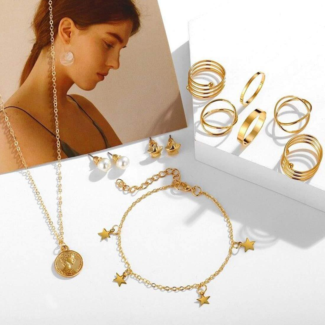 Jewels Galaxy Stylish Pearl Gold Plated Earrings With Necklace and Beatiful Rings with Bracelet For Women/Girls (CT-CB-MIXX-49532)