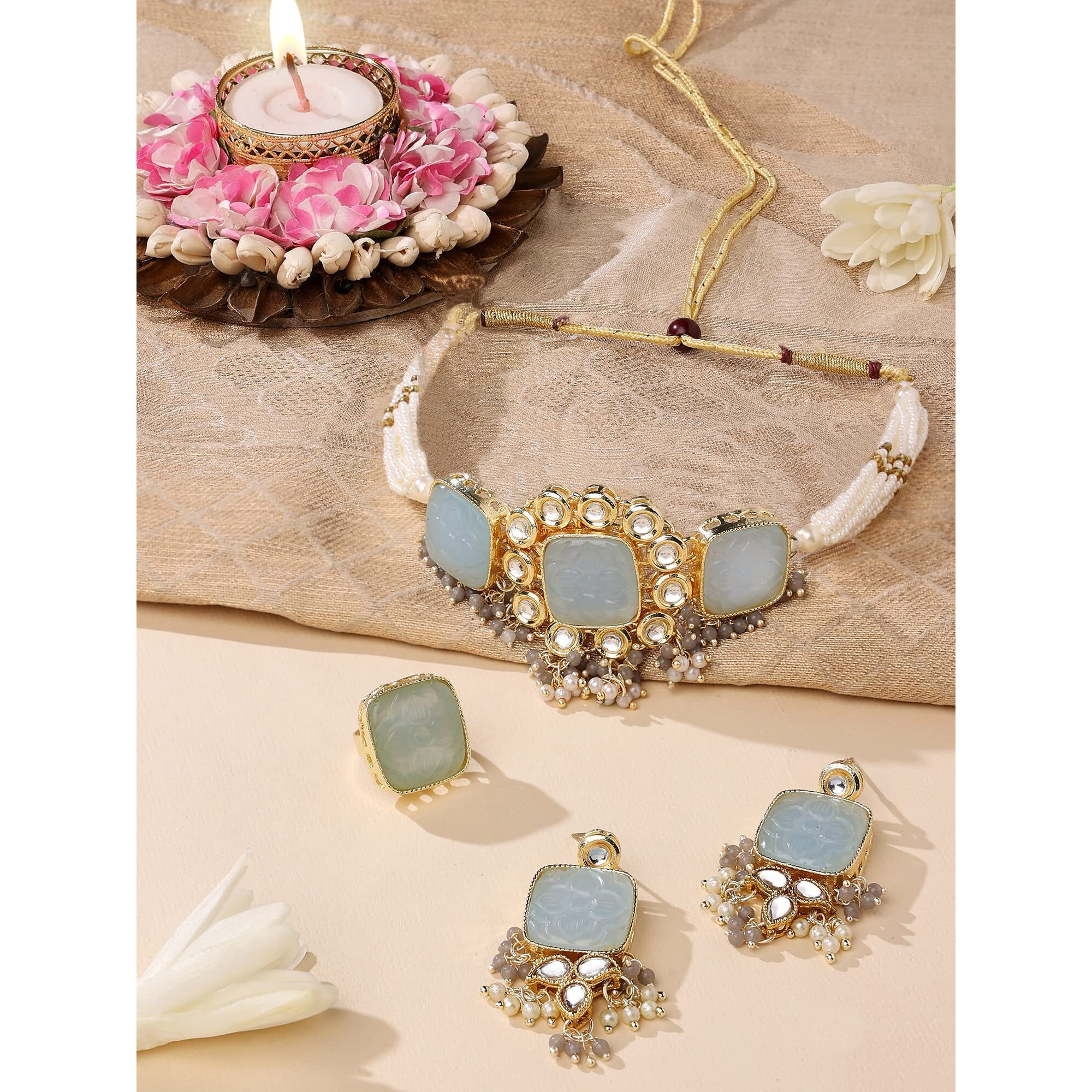 ZAVERI PEARLS Grey Stones & Beads Multistrand Pearls Choker Necklace Earring & Ring Set For Women-ZPFK14820