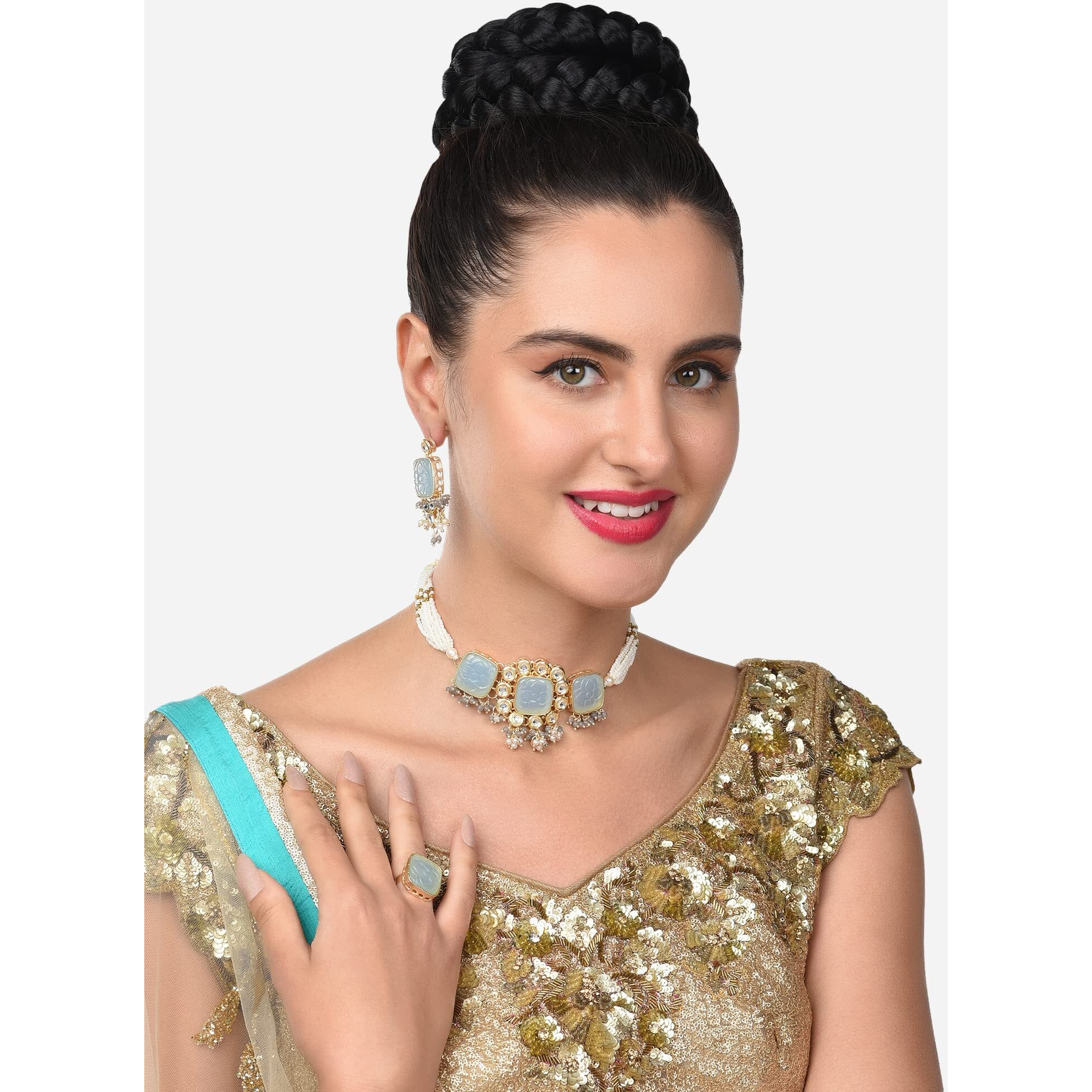 ZAVERI PEARLS Grey Stones & Beads Multistrand Pearls Choker Necklace Earring & Ring Set For Women-ZPFK14820