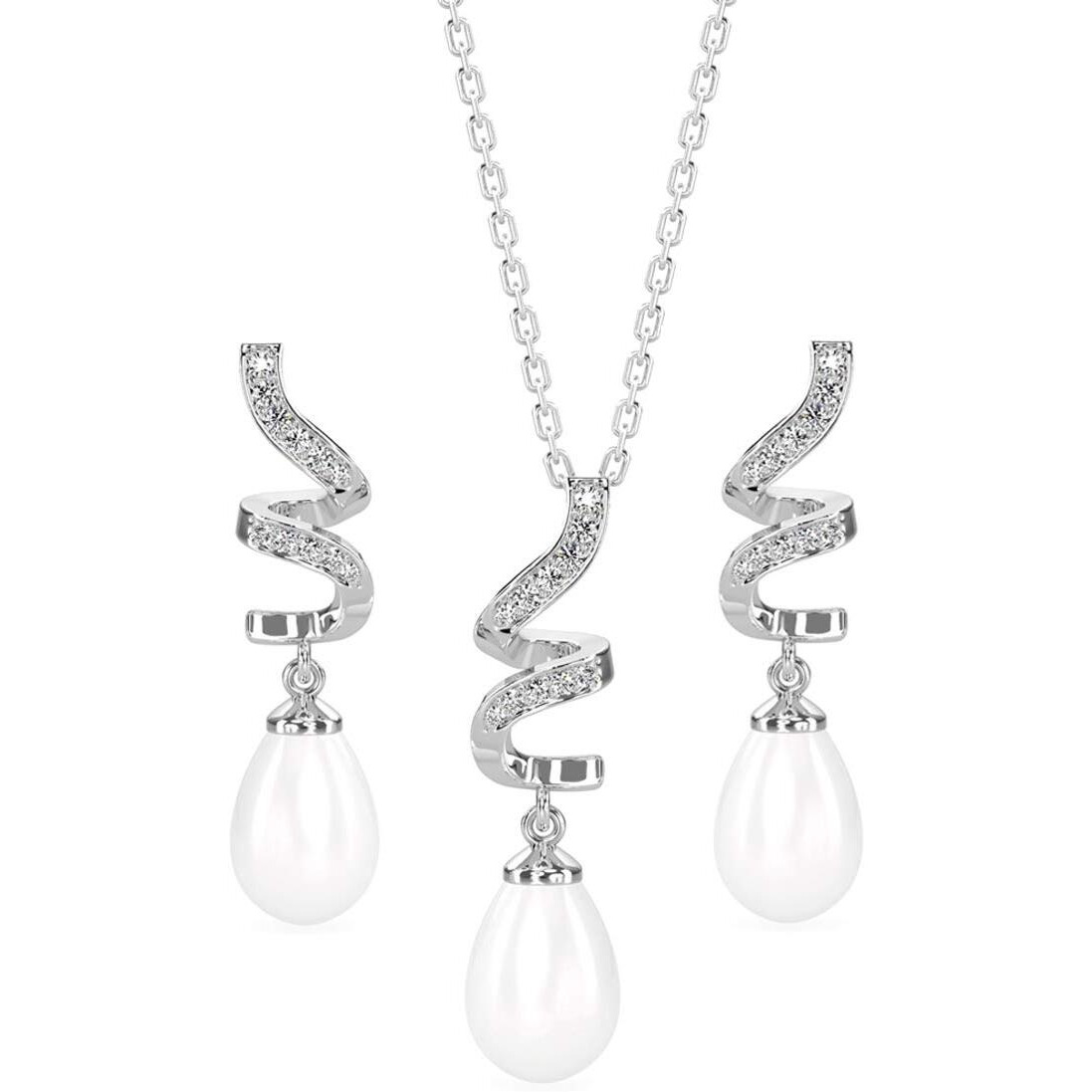 CLARA 925 Sterling Silver Pearl Twist Pendant Earring Chain Jewellery Set | Rhodium Plated, Swiss Zirconia | Gift for Women & Girls