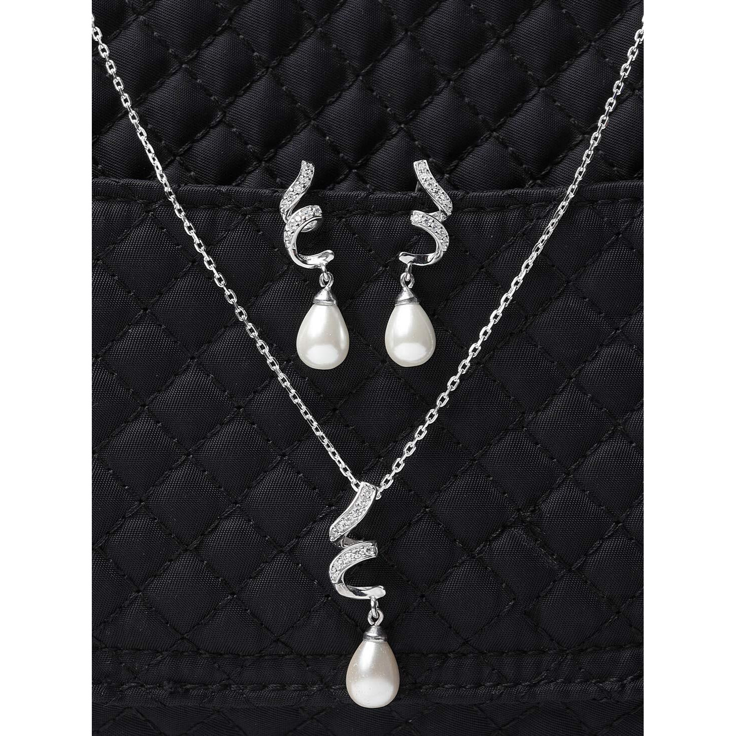 CLARA 925 Sterling Silver Pearl Twist Pendant Earring Chain Jewellery Set | Rhodium Plated, Swiss Zirconia | Gift for Women & Girls
