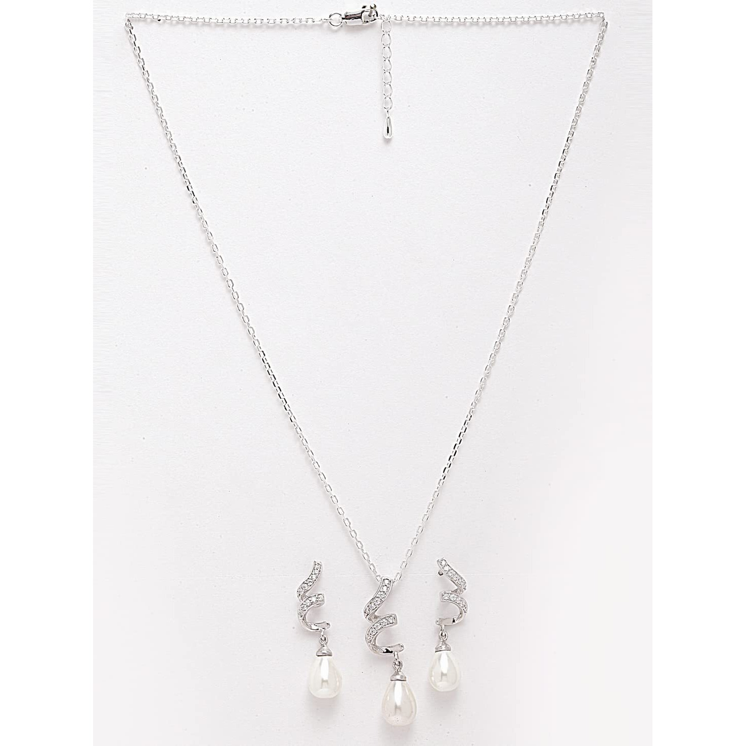 CLARA 925 Sterling Silver Pearl Twist Pendant Earring Chain Jewellery Set | Rhodium Plated, Swiss Zirconia | Gift for Women & Girls