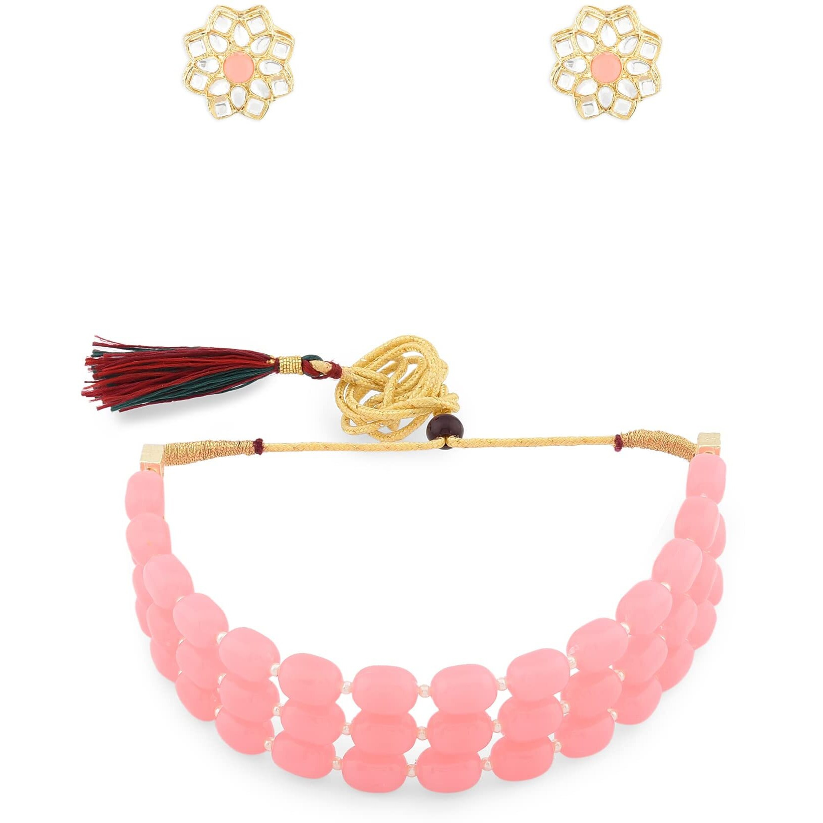 ZAVERI PEARLS Pink Beads Ethnic Choker Necklace & Kundan Stud Earring Set For Women-ZPFK12232