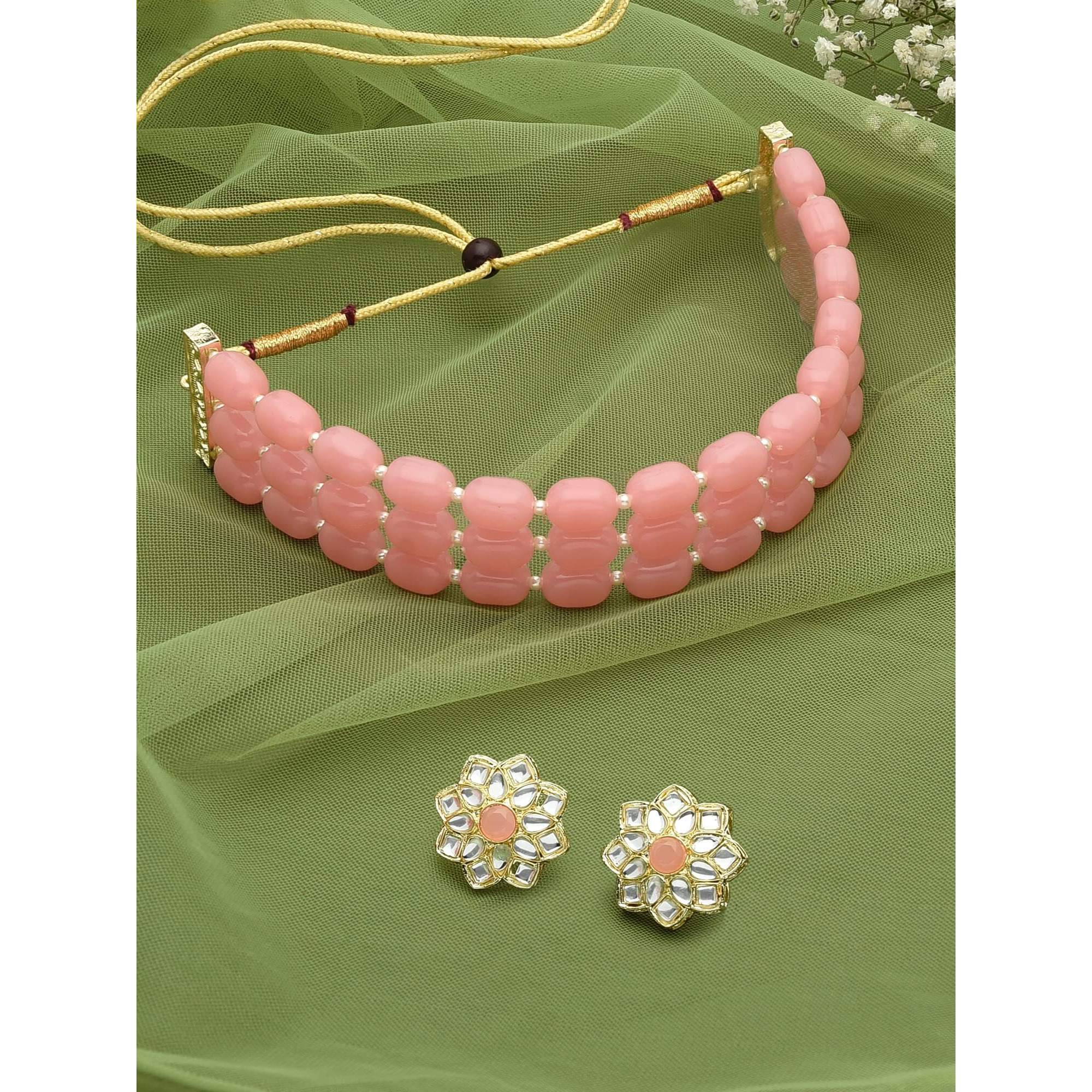 ZAVERI PEARLS Pink Beads Ethnic Choker Necklace & Kundan Stud Earring Set For Women-ZPFK12232