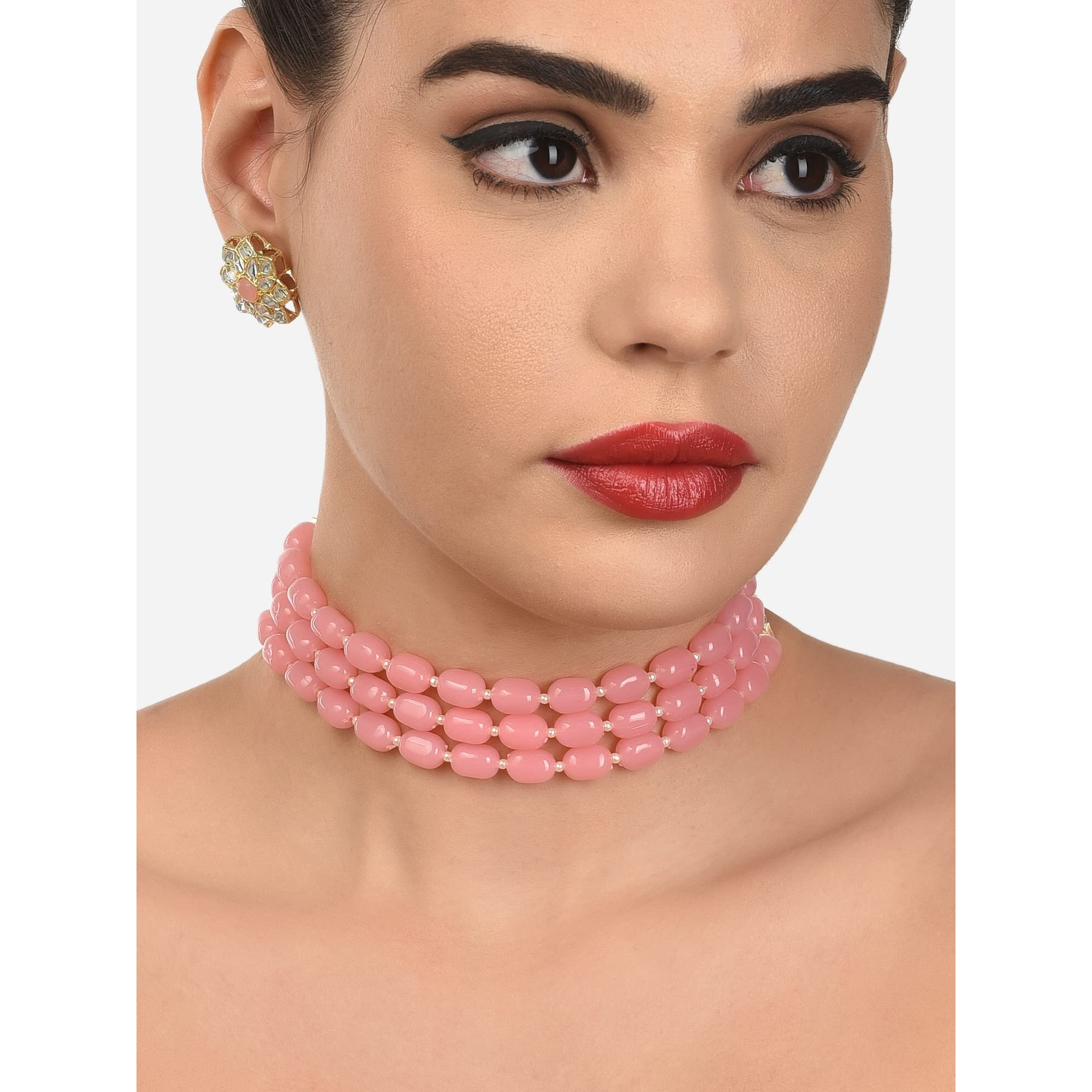 ZAVERI PEARLS Pink Beads Ethnic Choker Necklace & Kundan Stud Earring Set For Women-ZPFK12232
