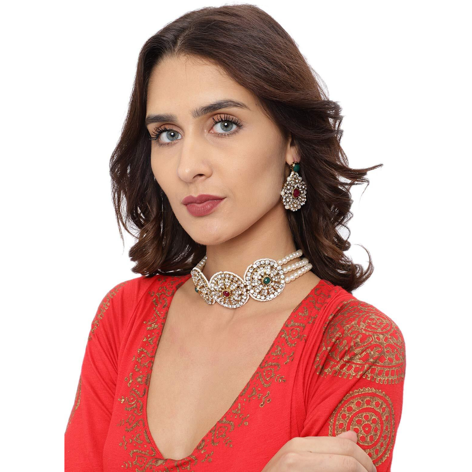 ZAVERI PEARLS Shimmering Austrian Diamonds Studded & Multi Pearl Strands Choker Necklace Set For Women-ZPFK8594
