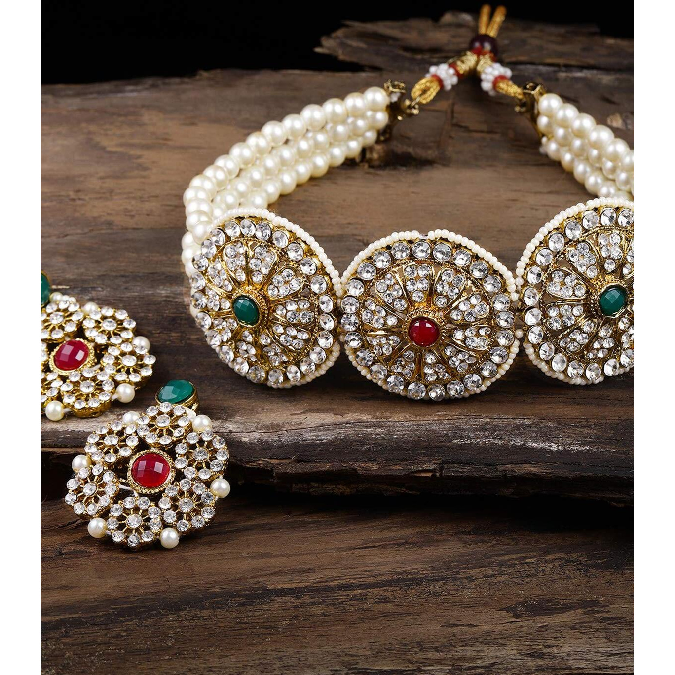 ZAVERI PEARLS Shimmering Austrian Diamonds Studded & Multi Pearl Strands Choker Necklace Set For Women-ZPFK8594