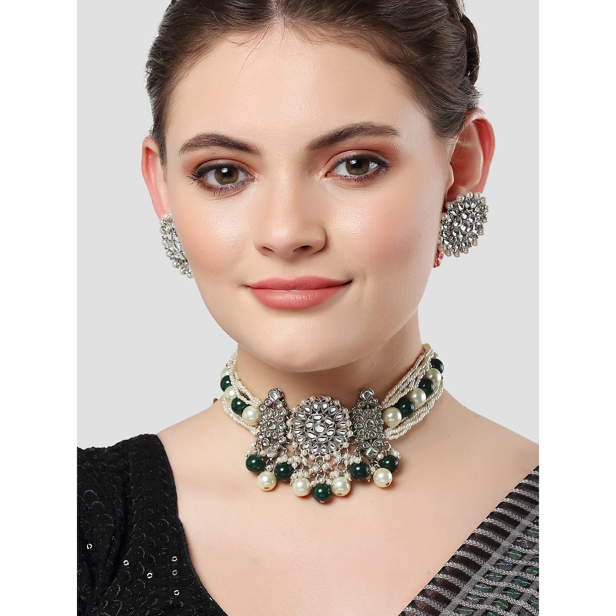 Karatcart Oxidised Silver Green and Pearl Beads Studded Kundan Choker Necklace Set for Women