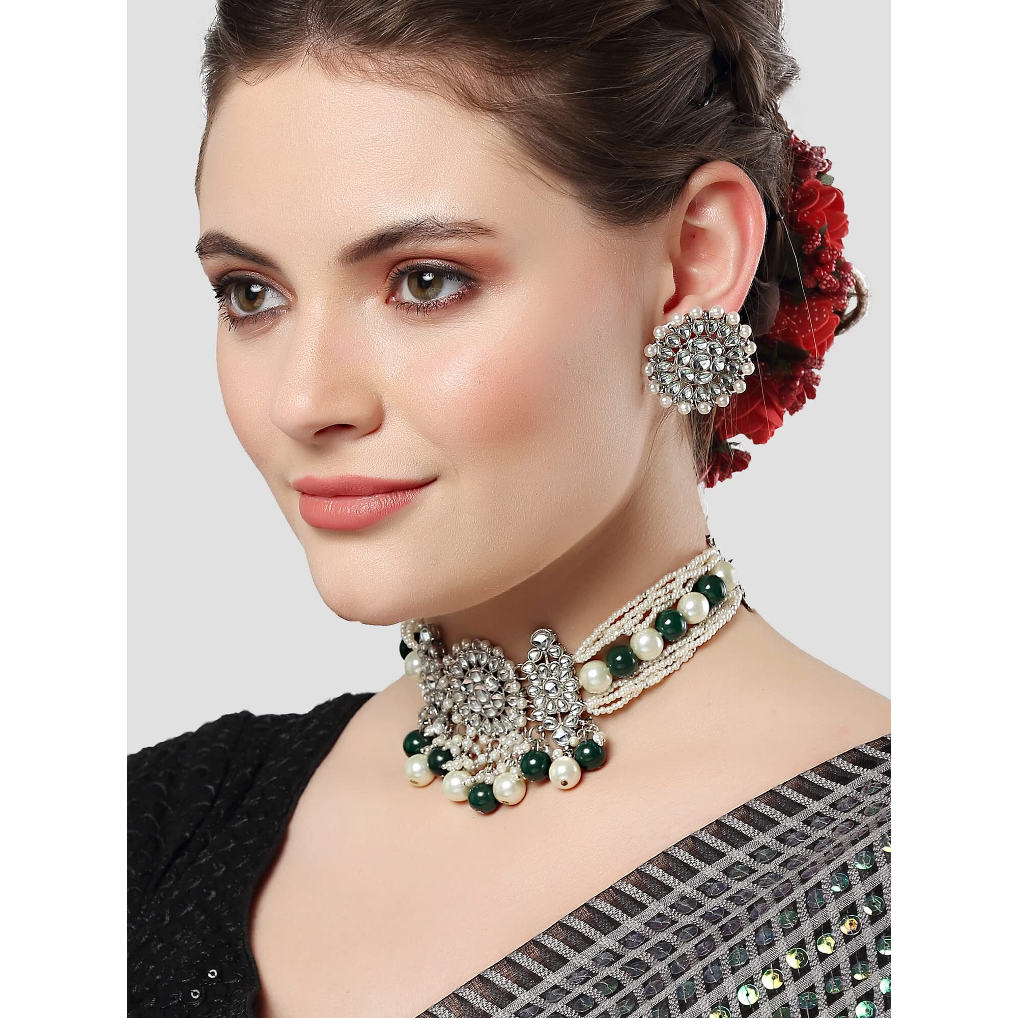 Karatcart Oxidised Silver Green and Pearl Beads Studded Kundan Choker Necklace Set for Women