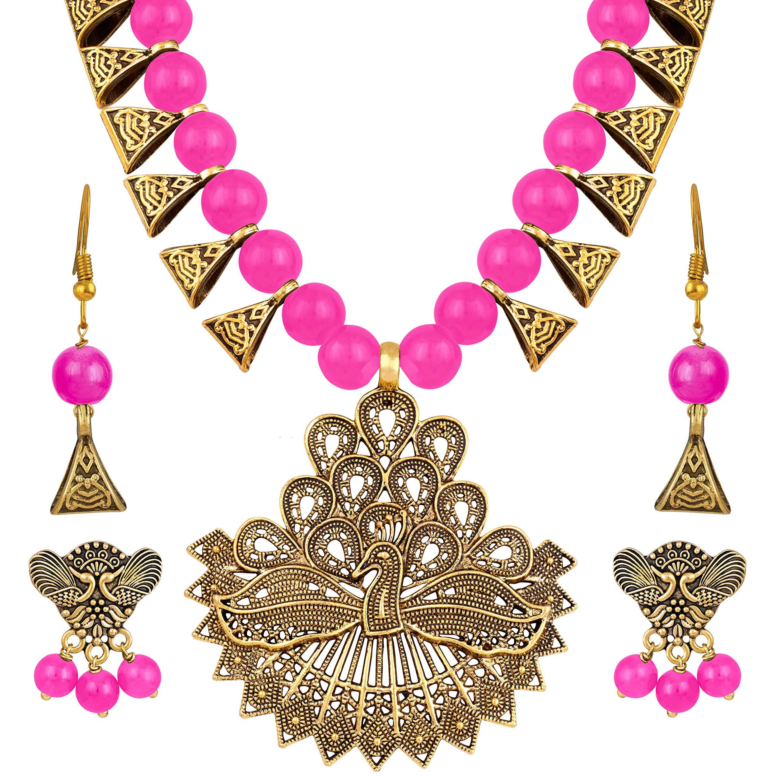 JFL - Jewellery for Less Womens Handcrafted Gold Peacock Beaded Necklace Set with Adjustable Thread and German Silver Oxidized Earrings (Pink) -Combo of 2,Valentine