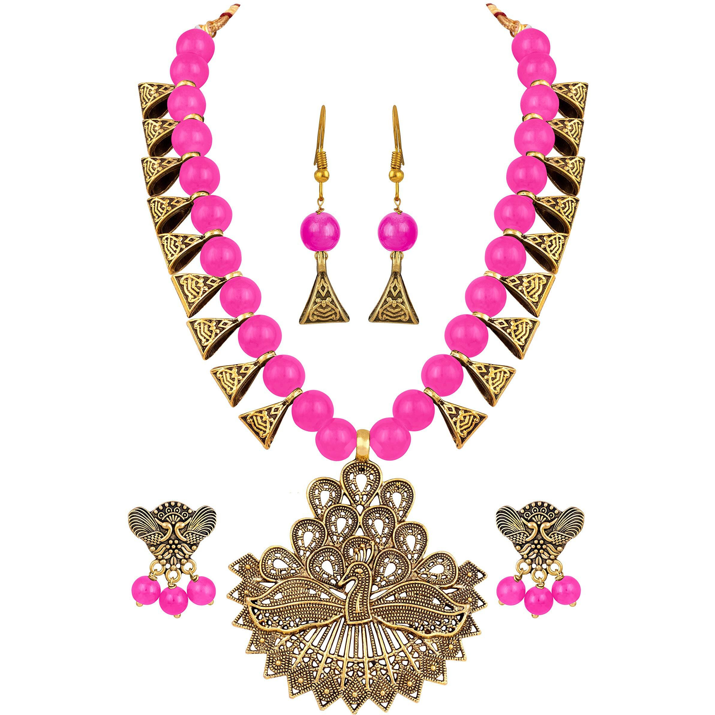 JFL - Jewellery for Less Womens Handcrafted Gold Peacock Beaded Necklace Set with Adjustable Thread and German Silver Oxidized Earrings (Pink) -Combo of 2,Valentine