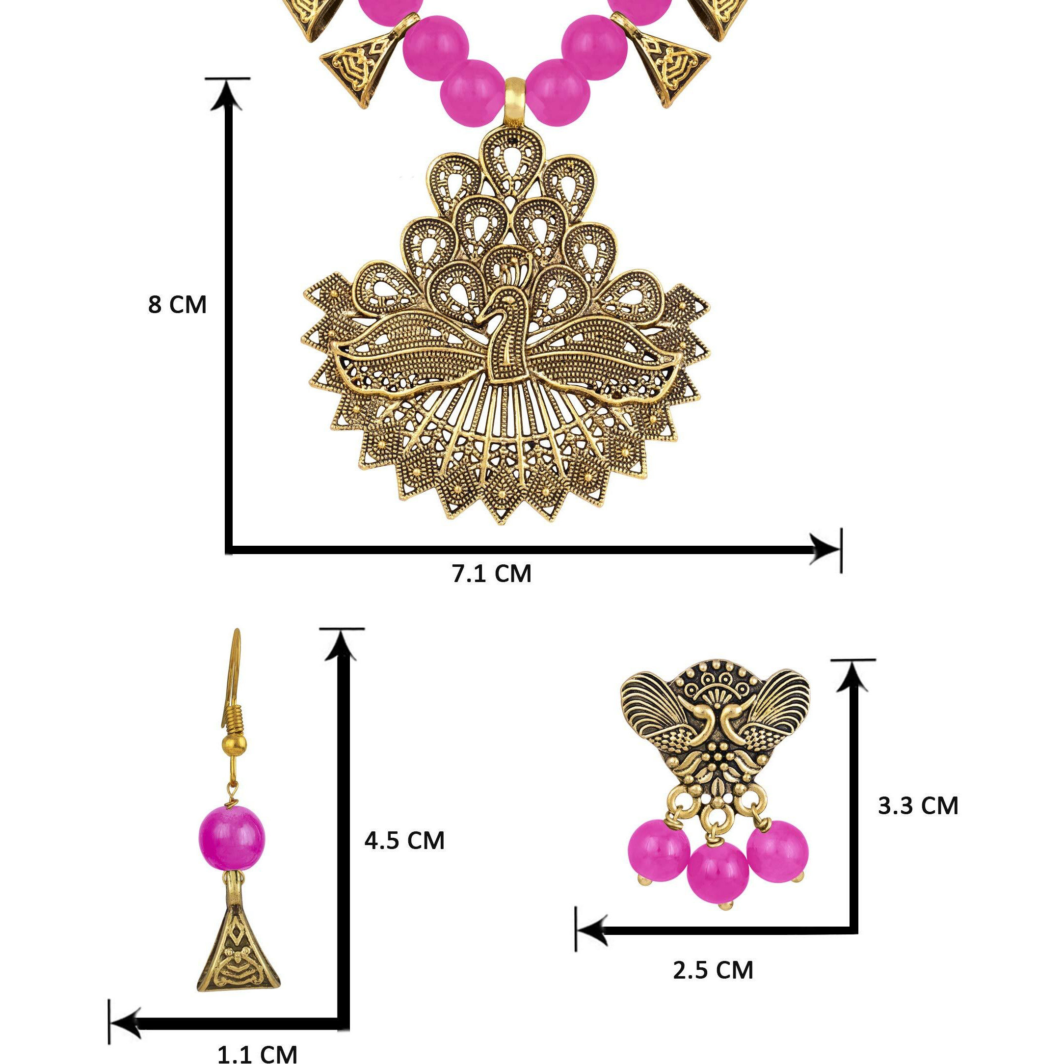 JFL - Jewellery for Less Womens Handcrafted Gold Peacock Beaded Necklace Set with Adjustable Thread and German Silver Oxidized Earrings (Pink) -Combo of 2,Valentine